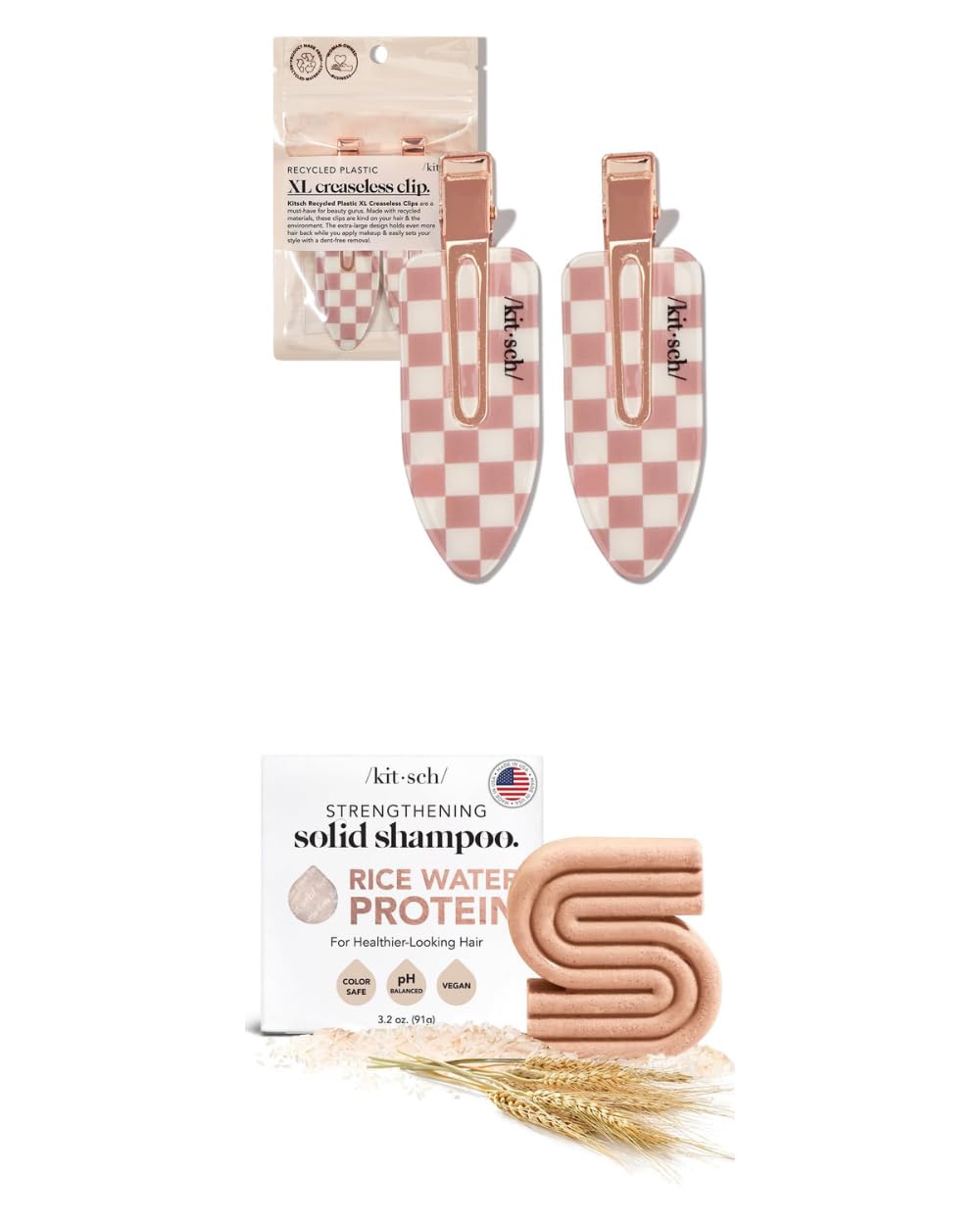 Kitsch Creaseless Hair Clips & Rice Water Shampoo Bar for Hair Growth | Natural Hair Care Set for Women | Perfect for Travel, Gym & Everyday Styling