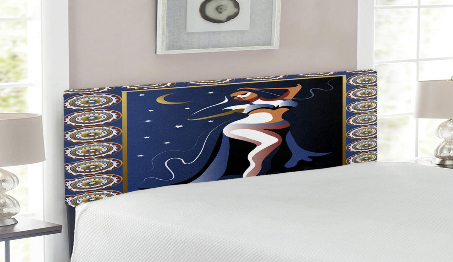 Lunarable Oriental Upholstered Headboard - Ottoman Turkish Belly Dancer Moon & Stars Art Print, Decorative Metal Bed Frame with Memory Foam, Queen Size Navy White Yellow - Perfect for Bohemian & Ethnic Bedroom Decor