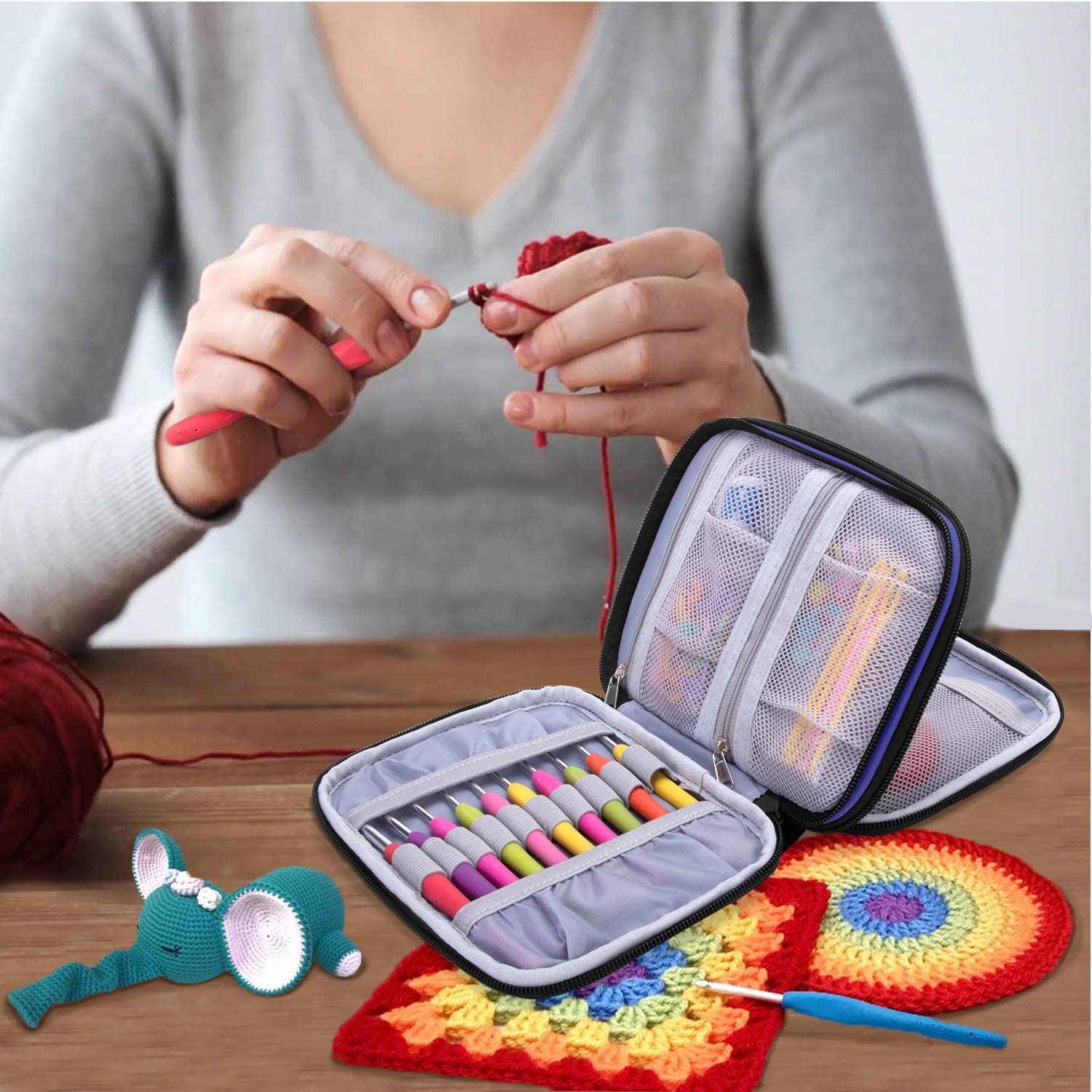 Teamoy 12-Piece Ergonomic Crochet Hook Set with Yarn Tote Bag & Storage Case - Perfect Starter Kit for Beginners & Knitting Enthusiasts - Ideal for DIY Crafts, Home Projects & Gift Giving