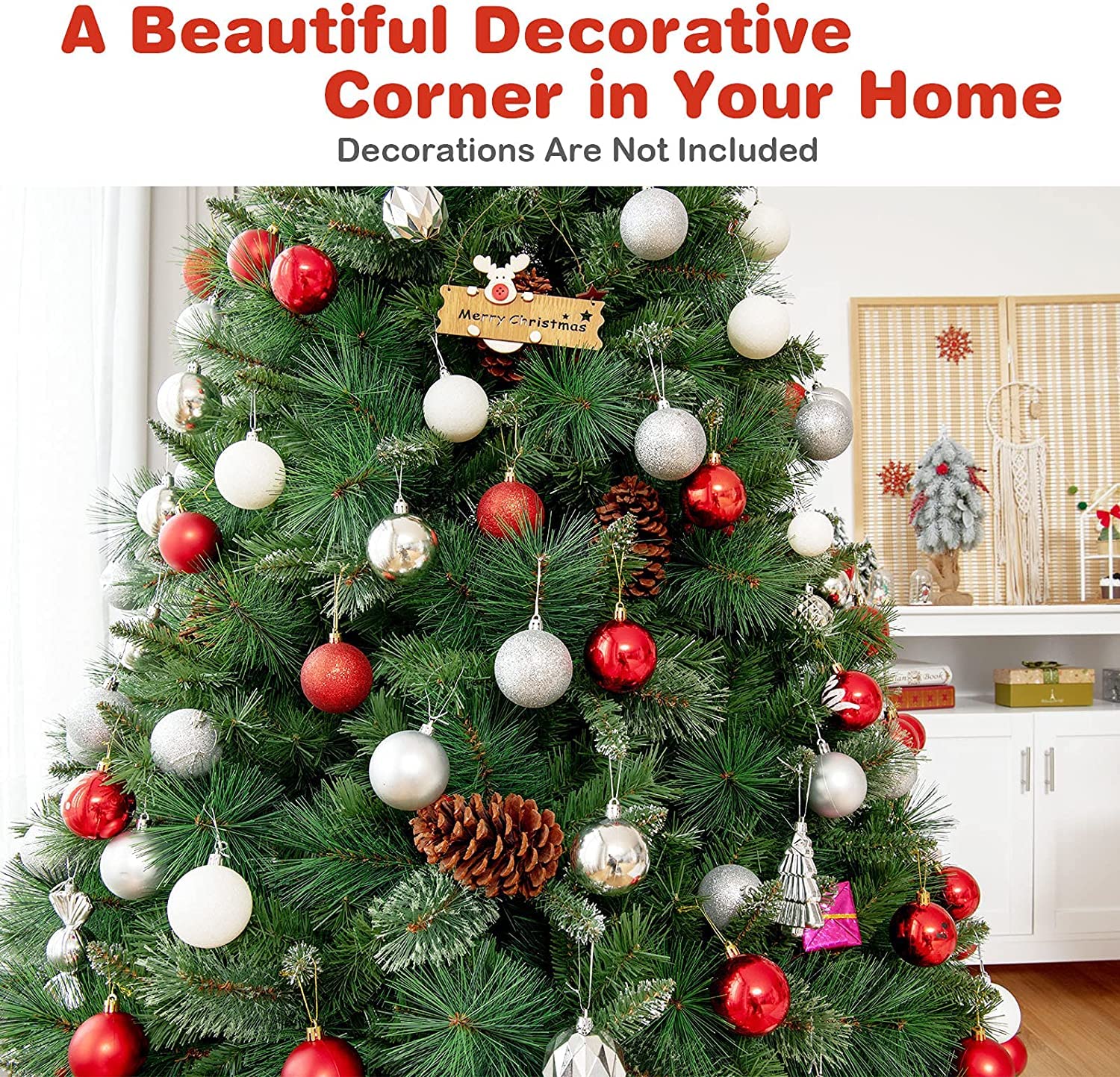 CHEFJOY 7ft Artificial Christmas Tree with Realistic PVC Pine Needles, Red Berries & Pine Cones - Pre-Lit Hinged Xmas Tree with Metal Stand for Easy Assembly | Perfect for Living Room, Office & Holiday Decorations