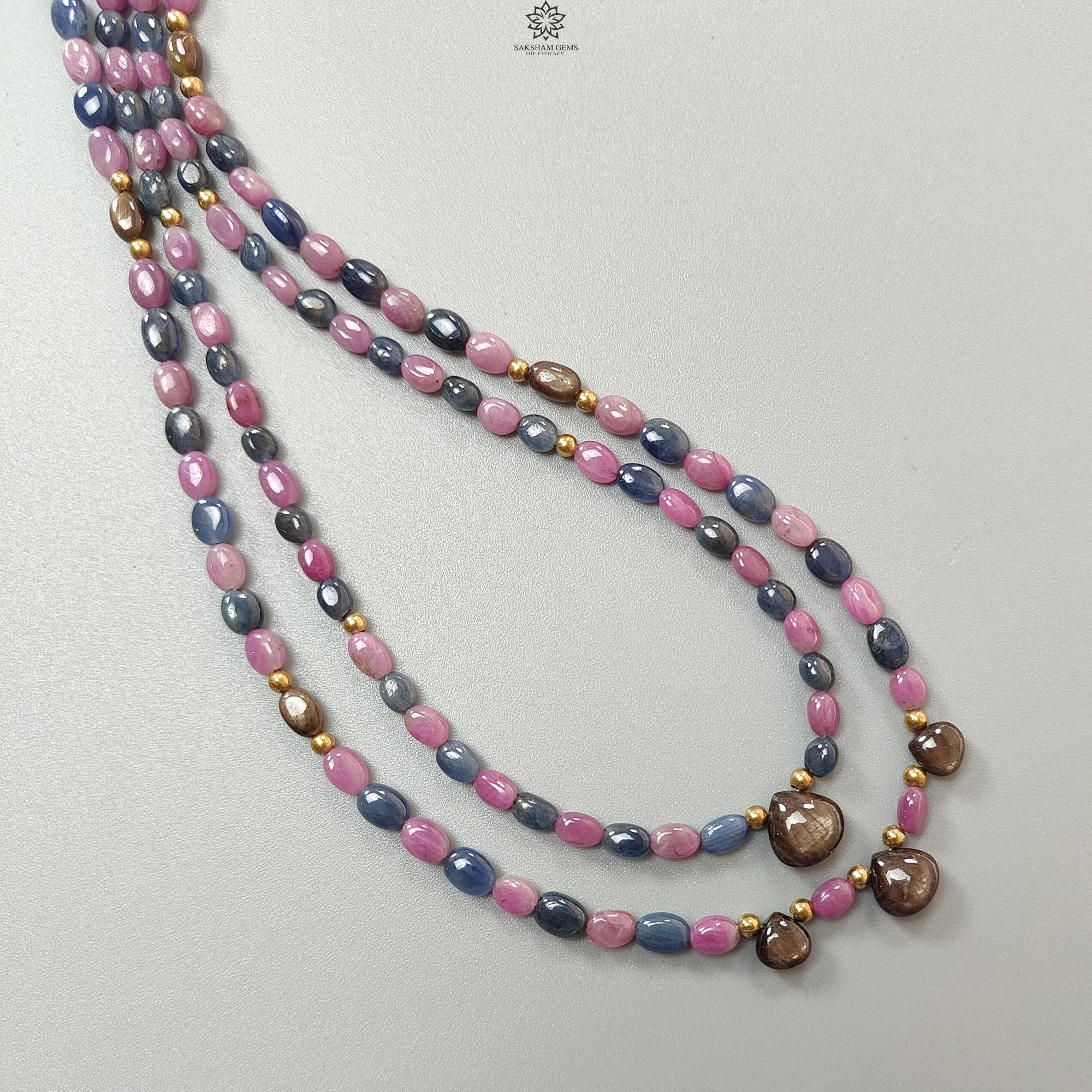 Natural Untreated Sapphire Gemstone Beads Necklace - Pink, Blue & Golden Oval Heart Shape Brass Jewelry for Women, 18