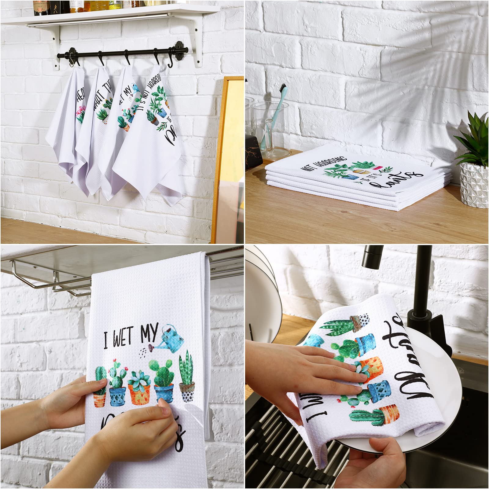 Tatuo 4-Piece Funny Kitchen Towel Set with Plant Sayings - Absorbent Waffle Weave Hand & Tea Towels - Cute Housewarming Gift for Plant Lovers (Perfect for Kitchen Decor, Hostess Gifts & Coffee Bar Accessories)