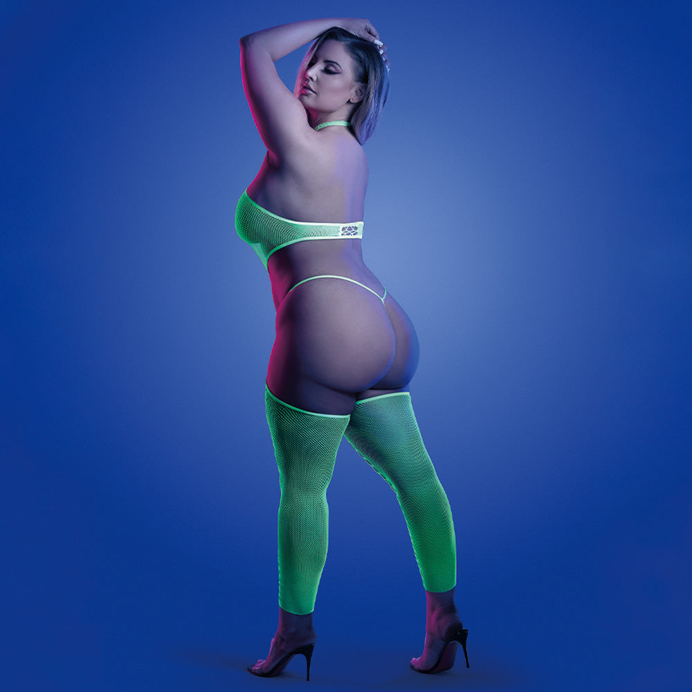 Fantasy Lingerie Glow High Voltage Fishnet Bodystocking & Thong Set for Curvy Women - Sexy Nightwear for Date Nights & Boudoir Photography