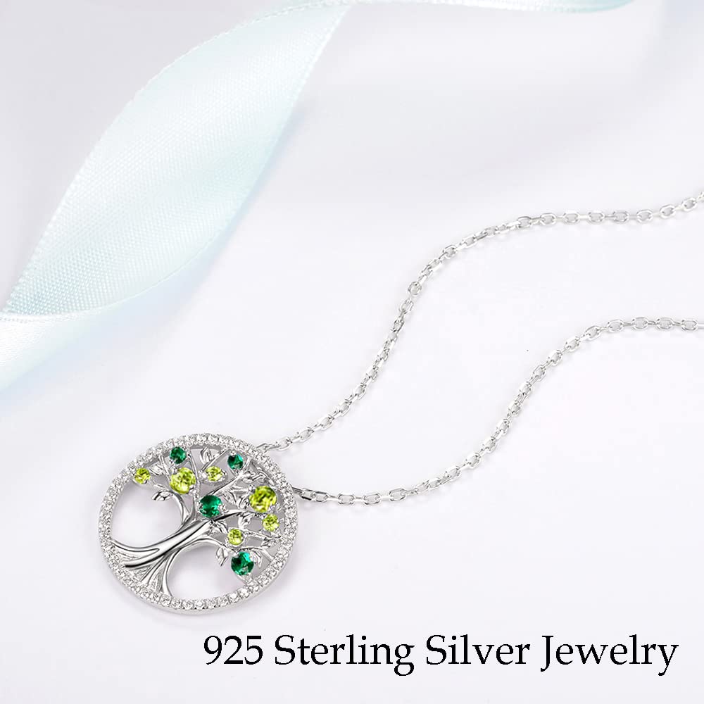 Tree of Life Necklace - 925 Sterling Silver Birthstone Jewelry for Women with Simulated Diamond & Emerald | Perfect Birthday Gift for Wife, Mom, Her | April & May Birthstones | Ideal for Weddings, Anniversaries & Special Occasions