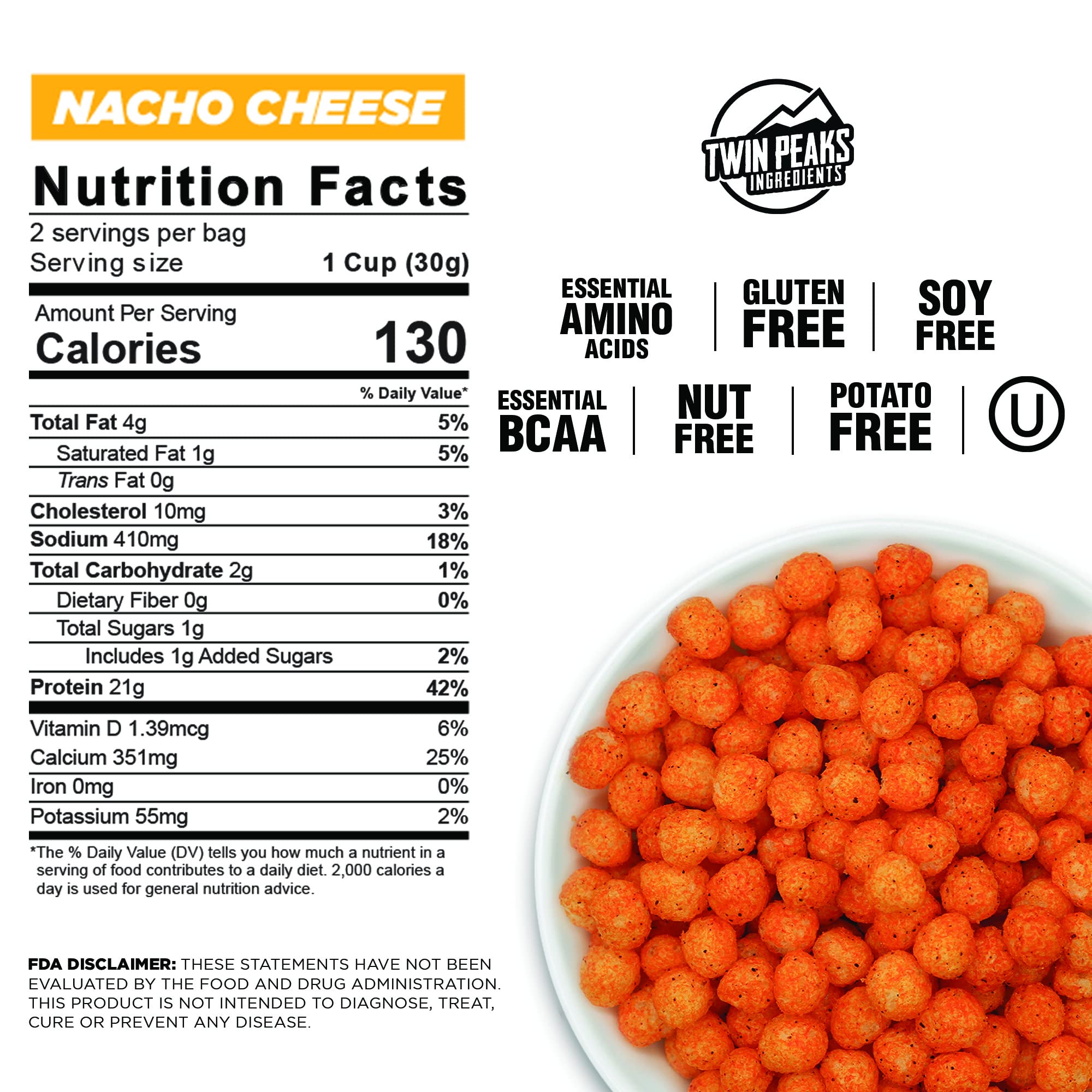 Twin Peaks Low Carb Keto Protein Puffs - Nacho Cheese Flavor (3 Pack, 60g Total, 42g Protein, 4g Net Carbs) | High Protein Snack for Weight Loss & Keto Diet | Perfect for Office, Gym & Movie Nights