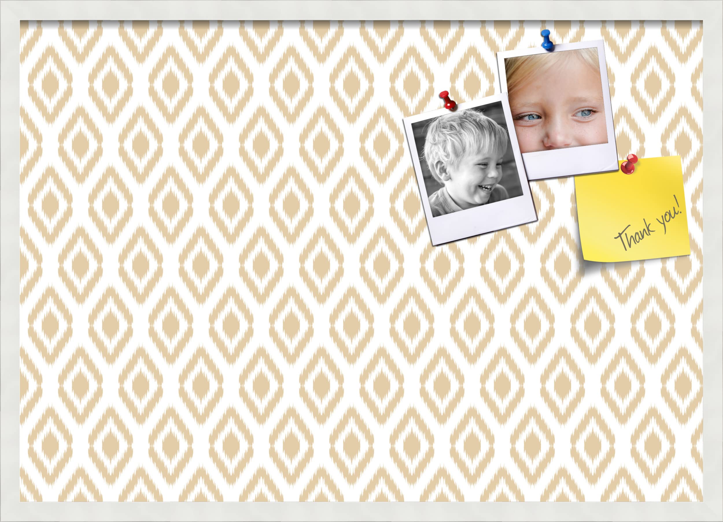 PinPix 34x24 Inch Cork Bulletin Board with Ikat Beige Design & Satin White Frame - Decorative Framed Pin Board for Home Office School Decor - Perfect for Notes, Photos, Reminders & Wall Organization
