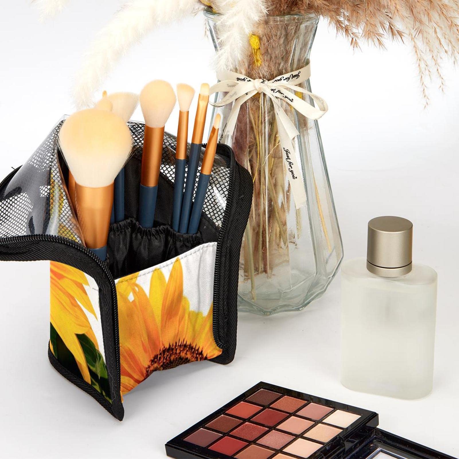 Portable Sunflower Makeup Brush Organizer Bag with 12 Brush Holder Set - Perfect for Travel, Home Vanity & Professional Makeup Artists