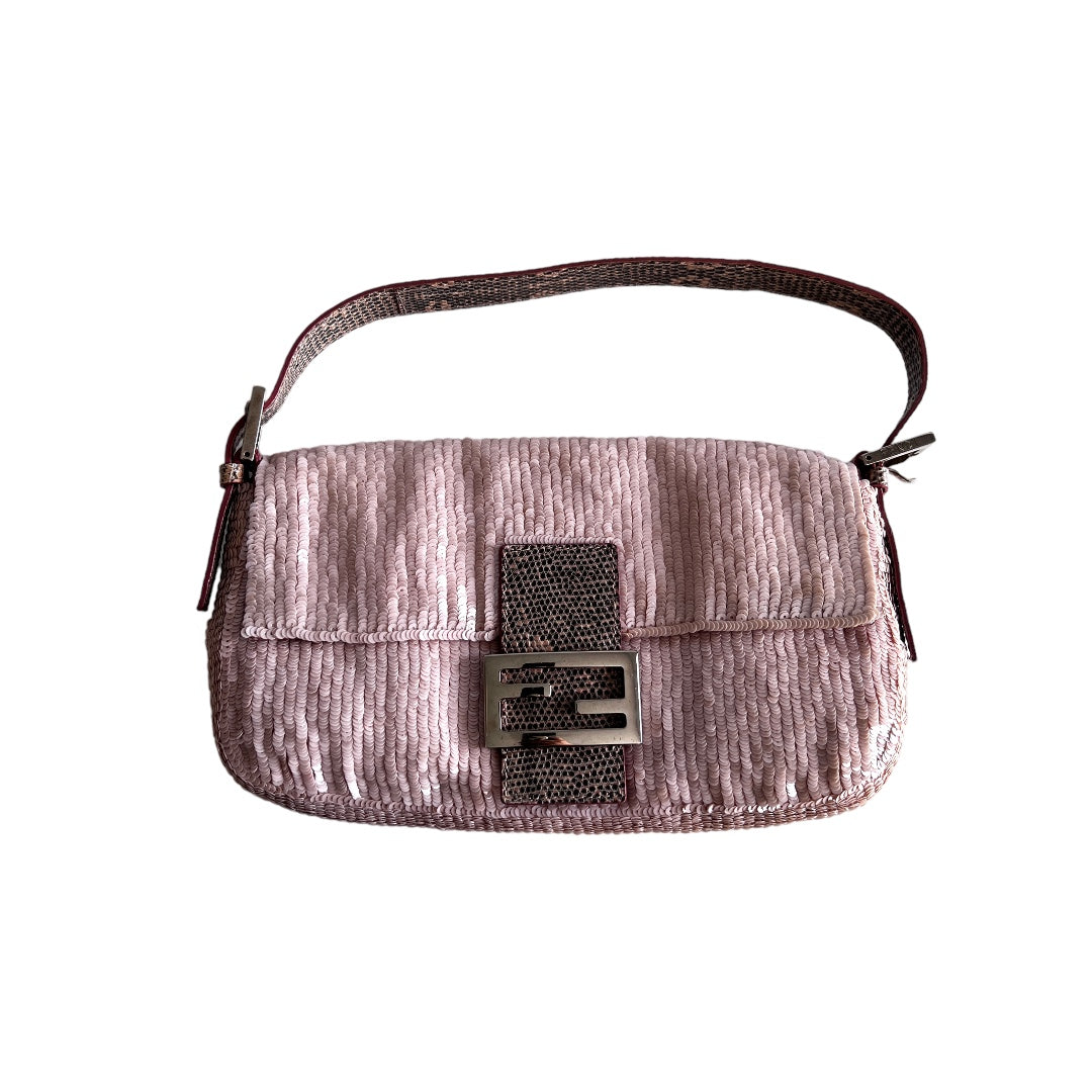 Vintage Fendi Sakura Pink Sequin Baguette Bag - Luxury Designer Shoulder Purse for Women, Perfect for Evening Parties & Special Occasions