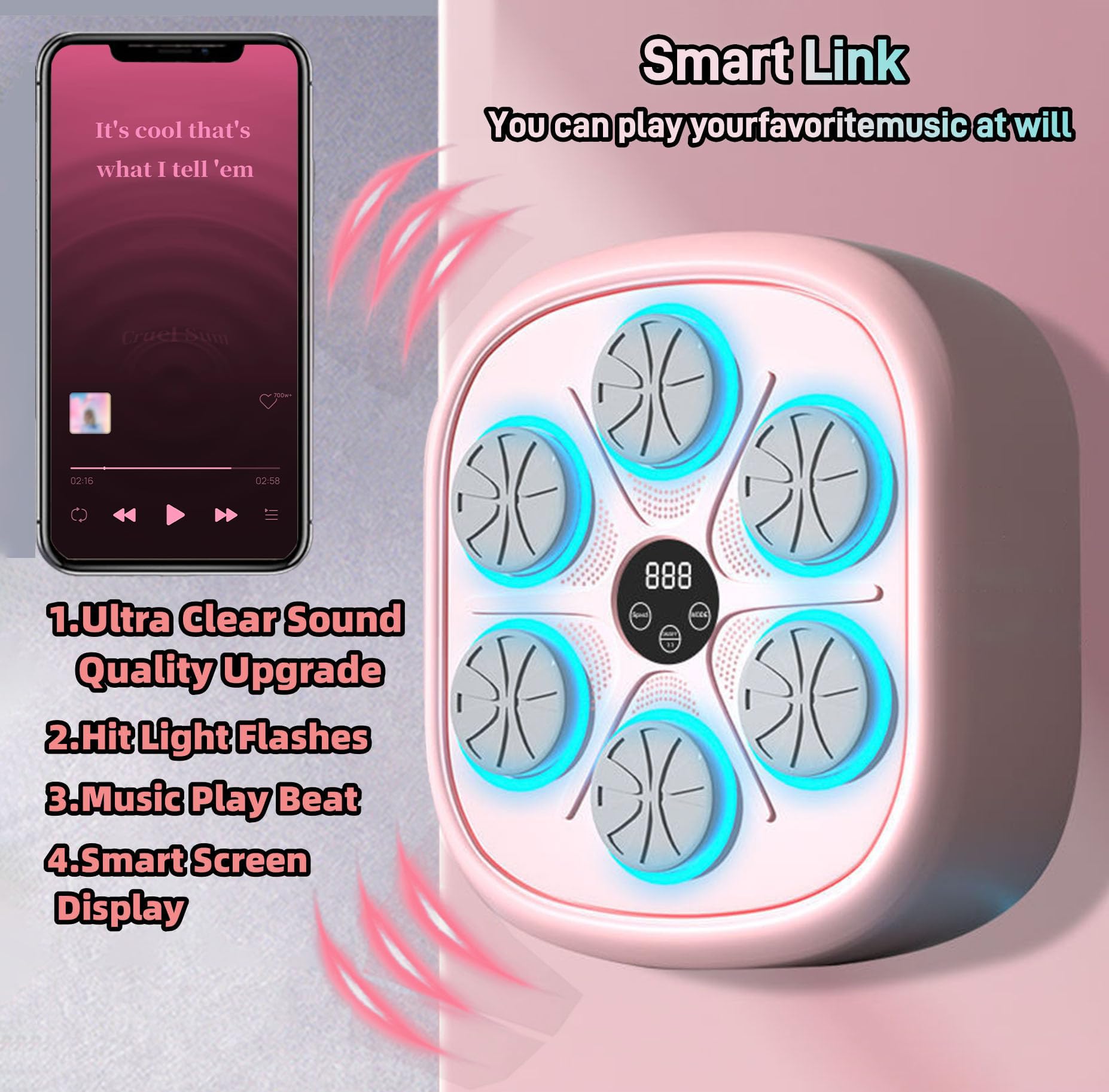 Pink Smart Wall Mounted Music Boxing Machine with Gloves - Boxing Workout Equipment for Home Gym, Fitness Training & Stress Relief