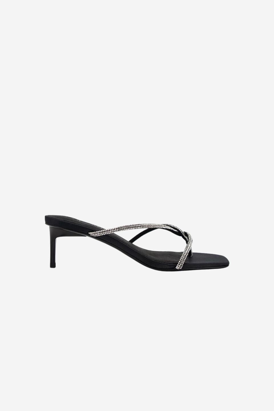 Chrissy Black Crystal Thin Strap Mule Heels - Elegant Women's Dress Sandals for Parties, Weddings & Evening Events