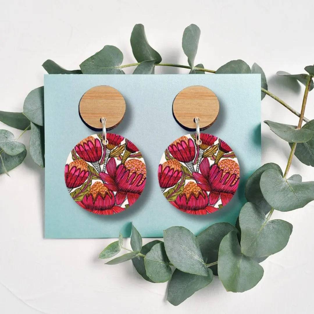 Handmade Australian Waratah Flower Wooden Earrings - Unique Boho Dangle Earrings for Women - Perfect for Festivals, Weddings & Everyday Wear