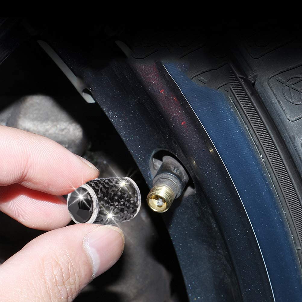Bling Tire Valve Covers Black, 4 Pack Rhinestone Car Caps for Car/SUV/Motorcycle - Dustproof Accessories