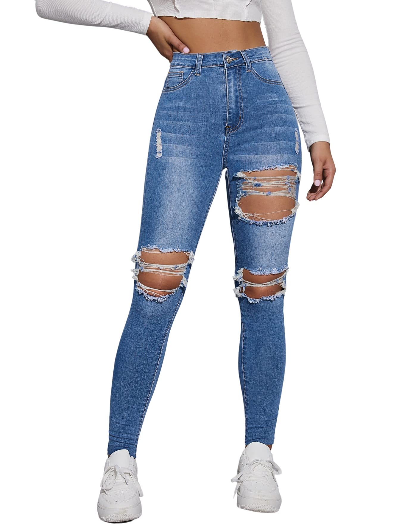 Stylish Women's High Waist Straight Leg Ripped Jeans - Distressed Denim Pants for Casual Outfits & Streetwear Fashion | Perfect for Everyday Wear, Parties, and Date Nights