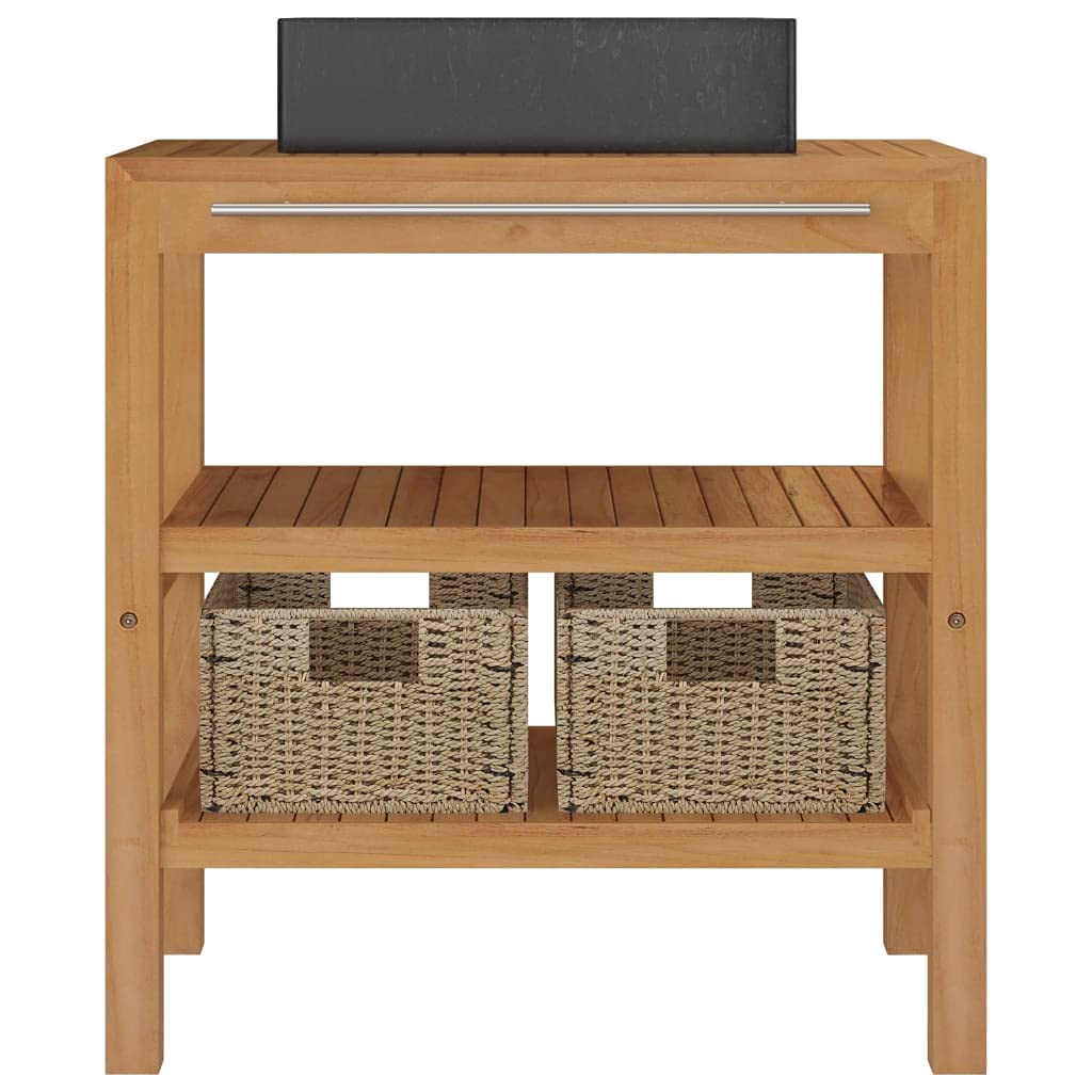 Premium Handmade Solid Teak Bathroom Vanity with Marble Sink & Storage Baskets | Modern Black Bathroom Furniture | Perfect for Small Bathrooms, Powder Rooms & Master Bath Suites