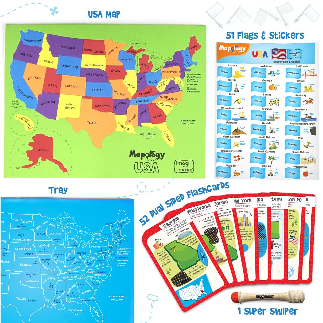 **Imagimake Mapology USA States & Capitals Flash Card Puzzle - Educational Geography Learning Toy with Flags for Kids Ages 5-10 | Perfect Christmas Gift for Boys & Girls | Great for Homeschooling & Classroom Activities**