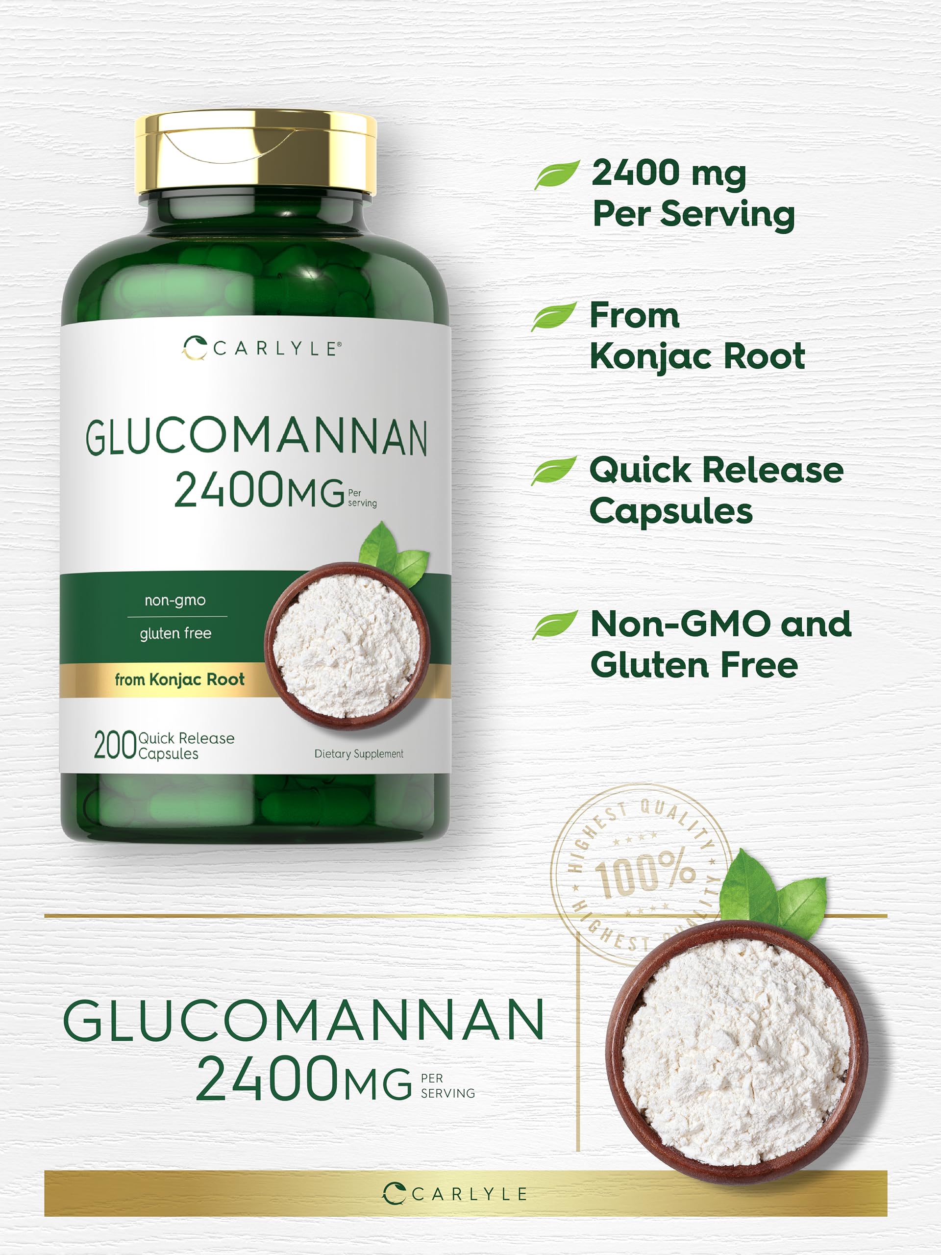 Carlyle Glucomannan Capsules 200 Count | Soluble Fiber Supplement Pills | Non-GMO, Gluten Free, Vegan | Supports Weight Management & Digestive Health | Perfect for Keto & Low-Carb Diets