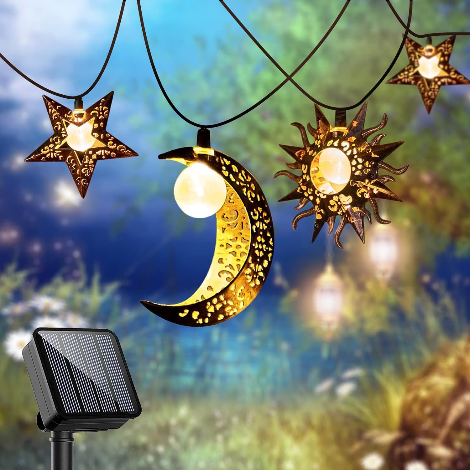 Solar Powered Outdoor String Lights - 13Ft 153 LED Fairy Lights with Star Moon Sun Shapes for Garden, Patio, Yard Decor | Waterproof & Weatherproof | Perfect for Weddings, Parties, Mother's Day Gifts & Nighttime Ambiance (Warm White)