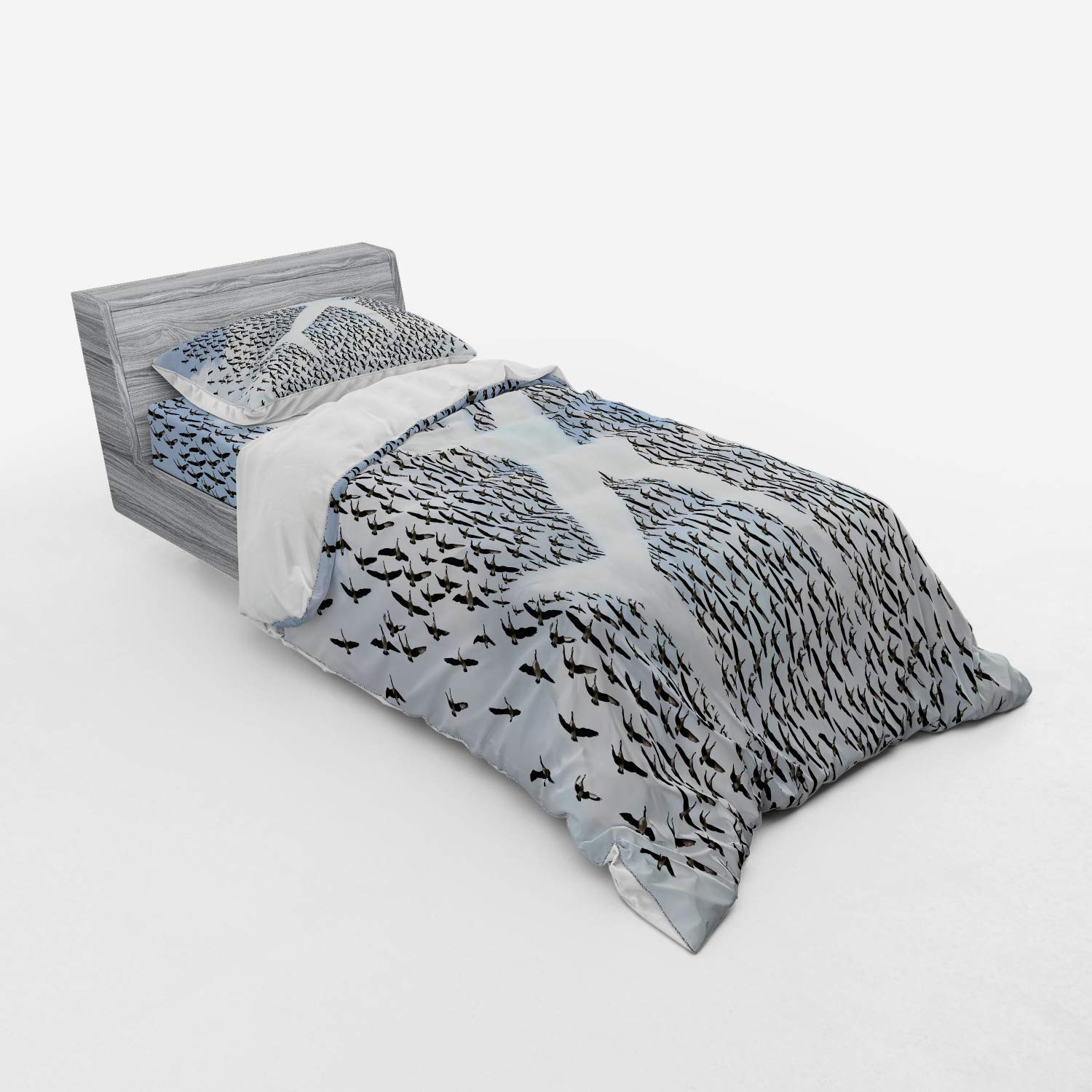 Ambesonne Travel Duvet Cover Set - Airplane & Birds Adventure Design, 3-Piece Twin Bedding Set with Sham & Fitted Sheet in Pale Blue, Black & White | Perfect for Travel Enthusiasts & Vacation-Themed Bedrooms