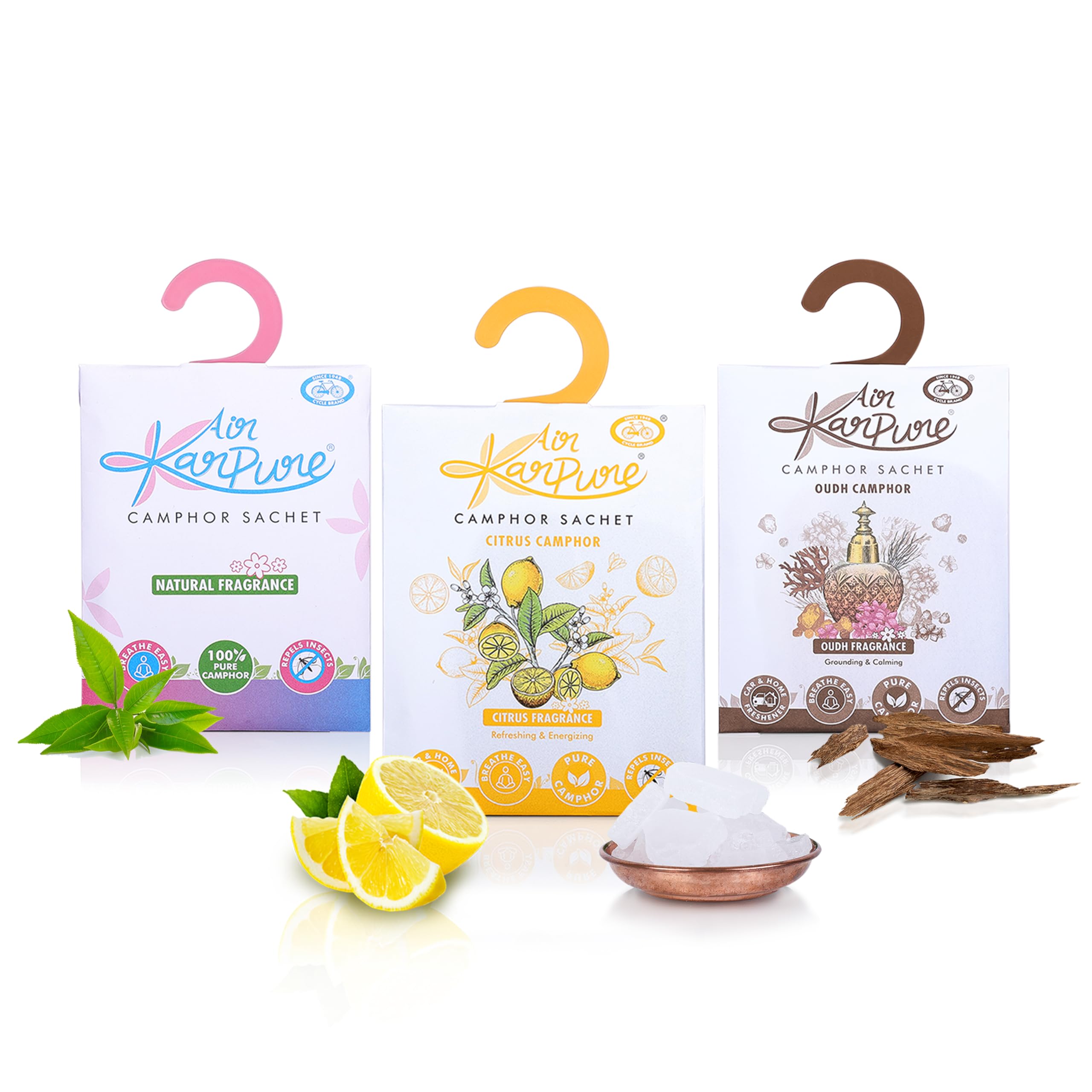 Cycle Pure Karpure Camphor Sachet - Pack of 3 | Long-Lasting Air Freshener for Bathroom, Toilet, Closet, Home & Office | Oudh, Citrus & Original Camphor Fragrance | Each Sachet Lasts 30 Days | Perfect for Odor Control in Small Spaces & Aromatherapy