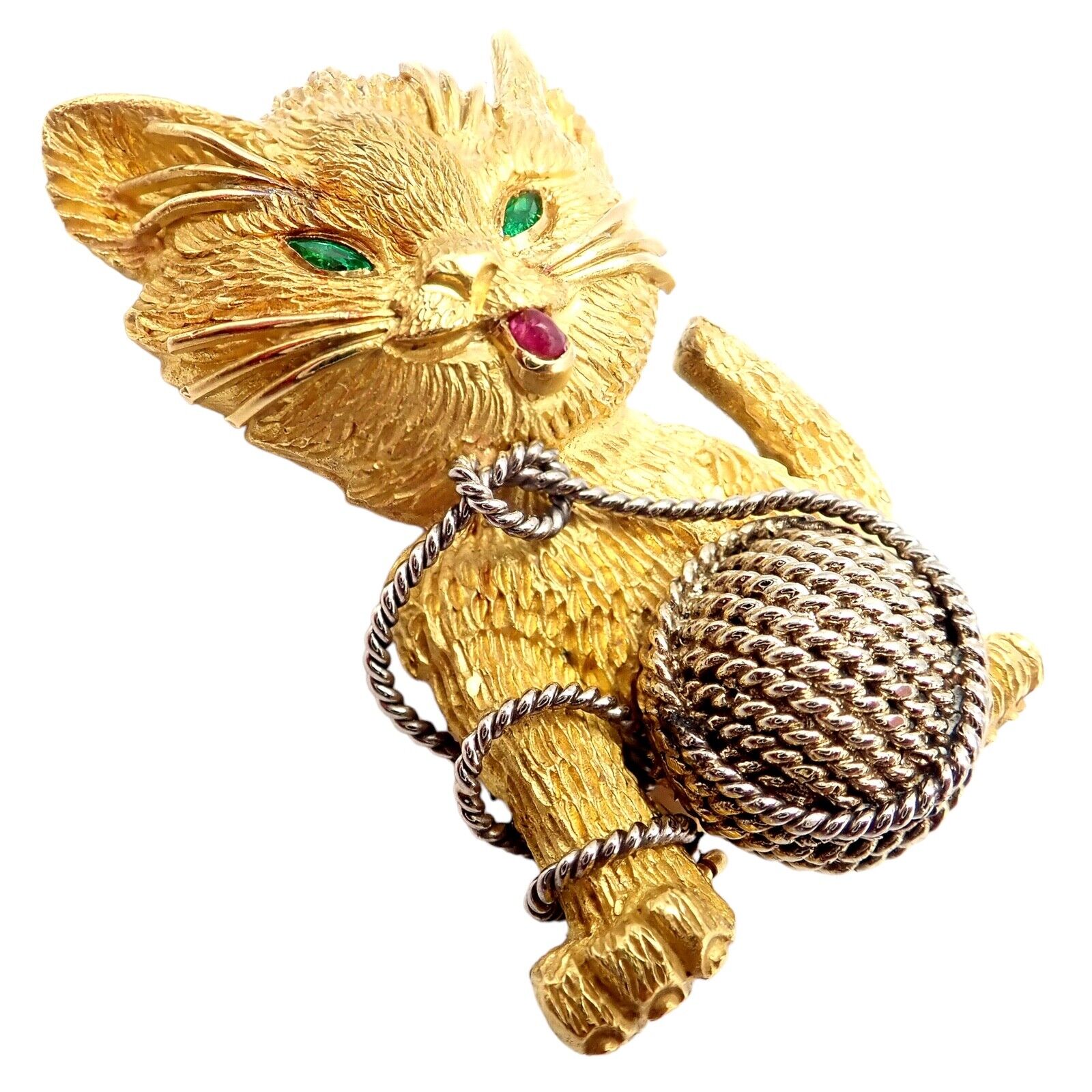 Vintage Tiffany & Co. France 20k Yellow Gold Ruby Emerald Cat Brooch Pin - Elegant Collectible Jewelry for Special Occasions & Gift Giving