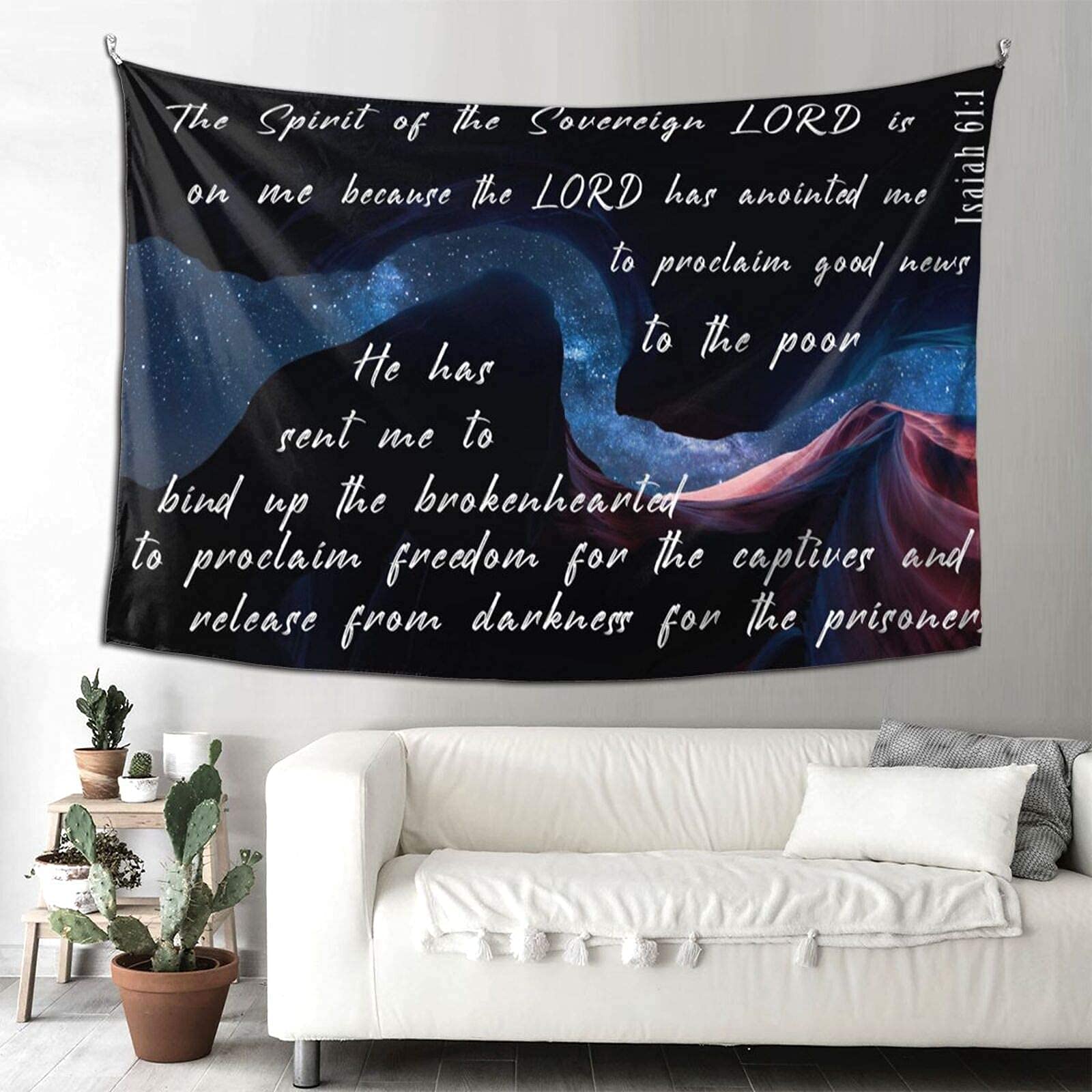 Christian Galaxy Tapestry with Bible Verses - Isaiah 61:1 & Serenity Prayer Wall Hanging Decor (90x60 inches) for Bedroom, Living Room & Prayer Space - Inspirational Home Aesthetic & Spiritual Room Decor