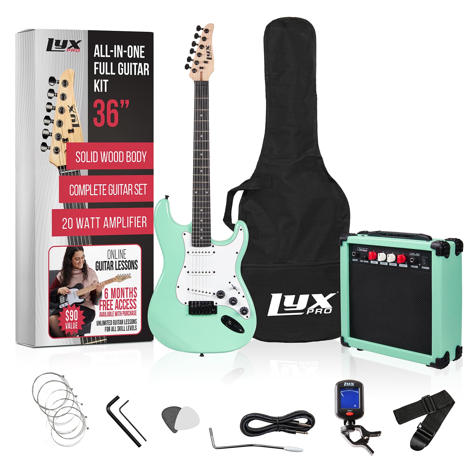 LyxPro 36 Inch 3/4 Size Electric Guitar Kit for Kids & Beginners - Includes Amp, 6 Strings, 2 Picks, Shoulder Strap, Digital Tuner, Cable & Gig Bag (Green) - Perfect for Learning, Practice & Home Performances