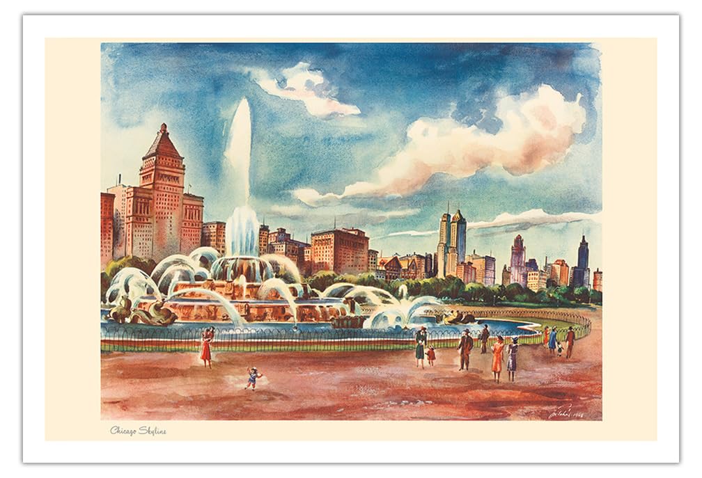 Vintage Chicago Skyline Travel Poster - Buckingham Fountain & United Airlines by Joseph Fehér c.1948 - 30x44in Fine Art Matte Paper Print (Unframed) - Perfect for Home Decor, Office Wall Art & Retro Travel Enthusiasts