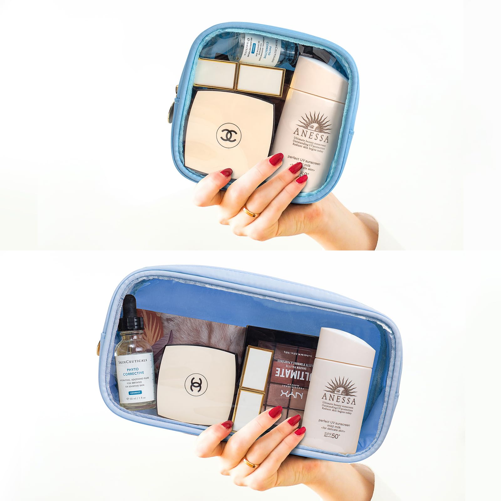 2Pcs Clear Makeup Bags - TSA Approved Travel Toiletry Organizer for Women & Girls (Blue Set) - Perfect for Cosmetics & Car Essentials
