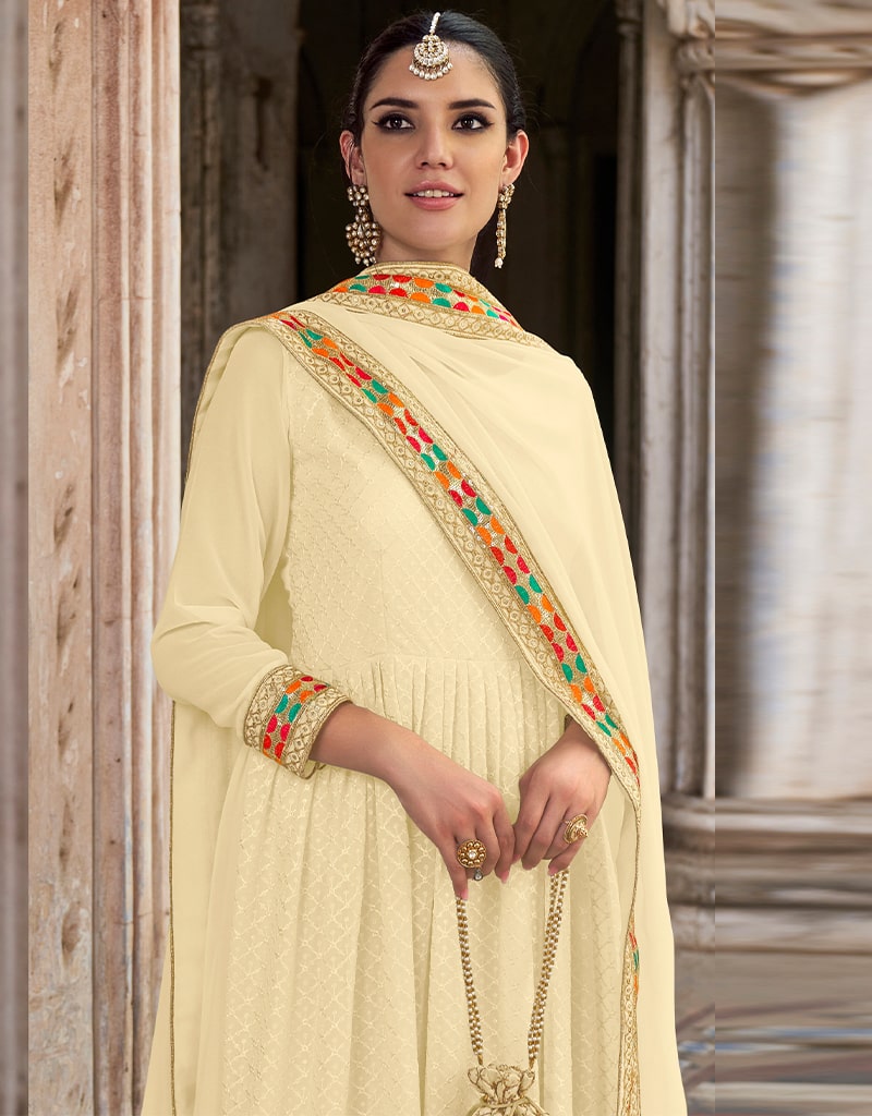 Beige Anarkali Semi Stitched Suits for Women | Traditional Indian Ethnic Wear | Perfect for Weddings, Festivals & Special Occasions