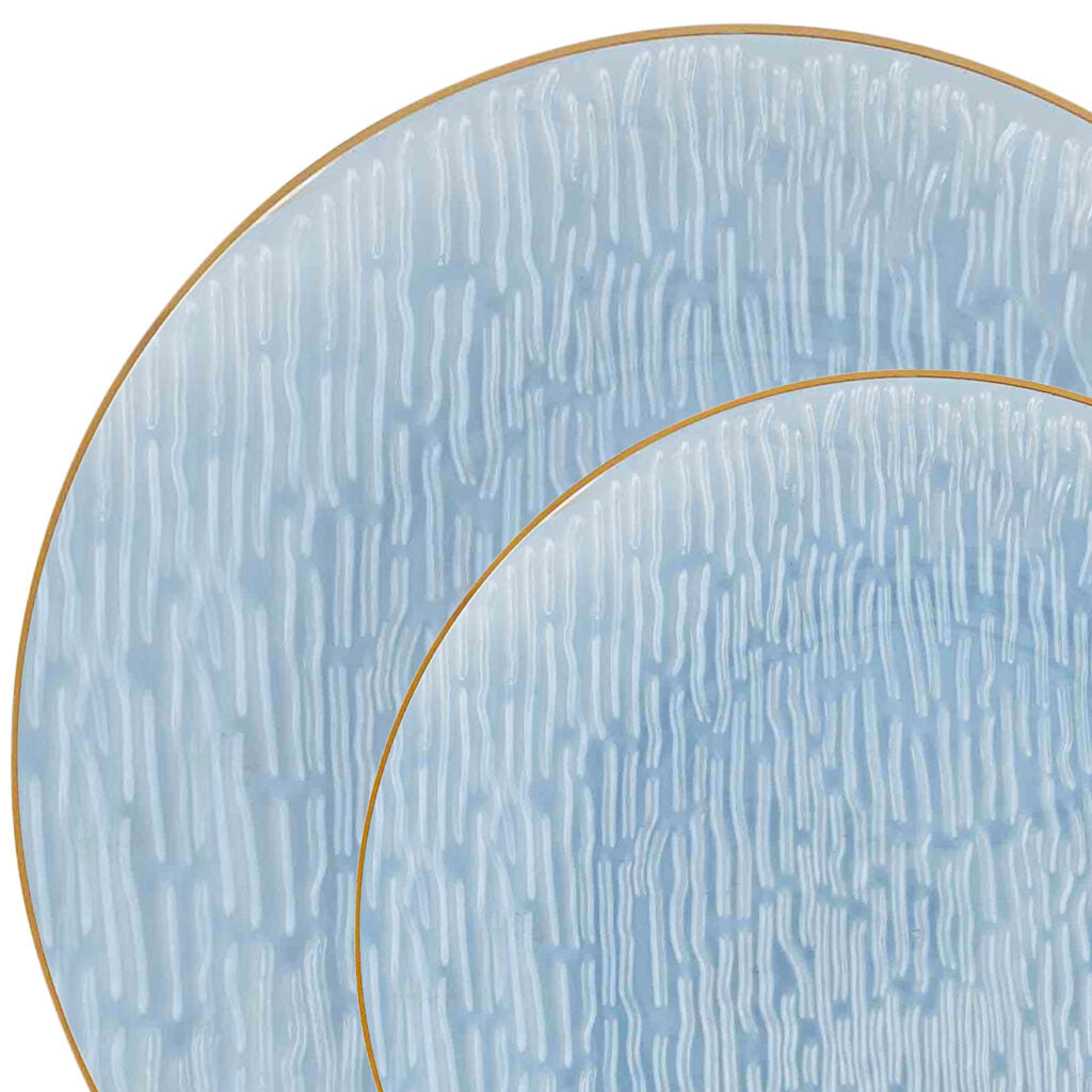 24-Pack Transparent Blue & Gold Rim Round Plastic Dinnerware Set for 12 Guests - Shatterproof Party Plates, Cups & Bowls - Perfect for Weddings, Birthday Parties & Holiday Gatherings