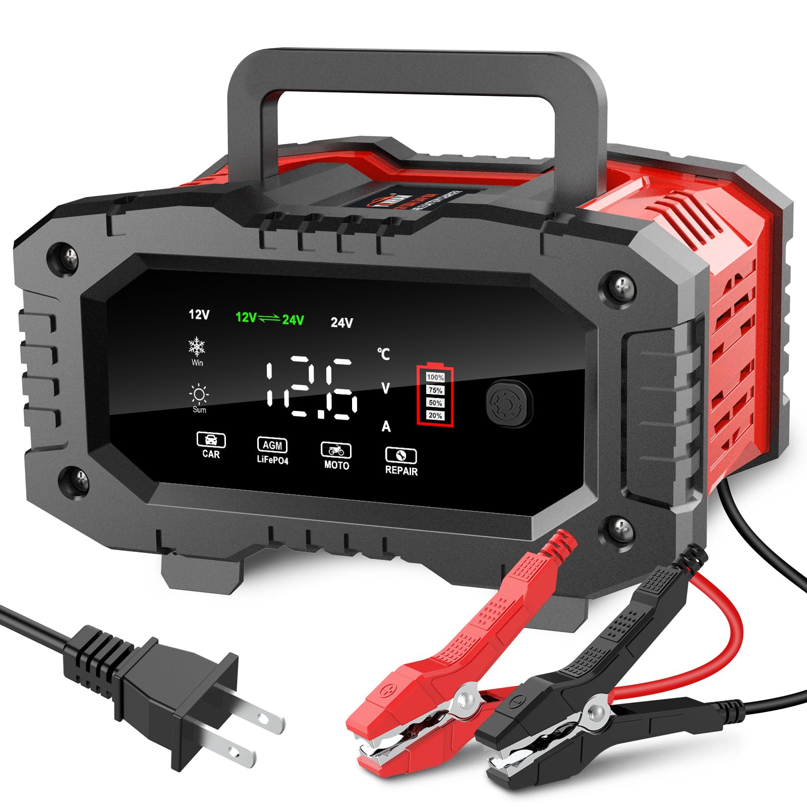 YONHAN 12V 24V 8-Stage Smart Battery Charger 0-20A for LiFePO4 & Lead Acid Batteries - Portable Car Charger with Temperature Compensation - Ideal for Cars, Trucks, Motorcycles, Lawn Mowers & Marine Use
