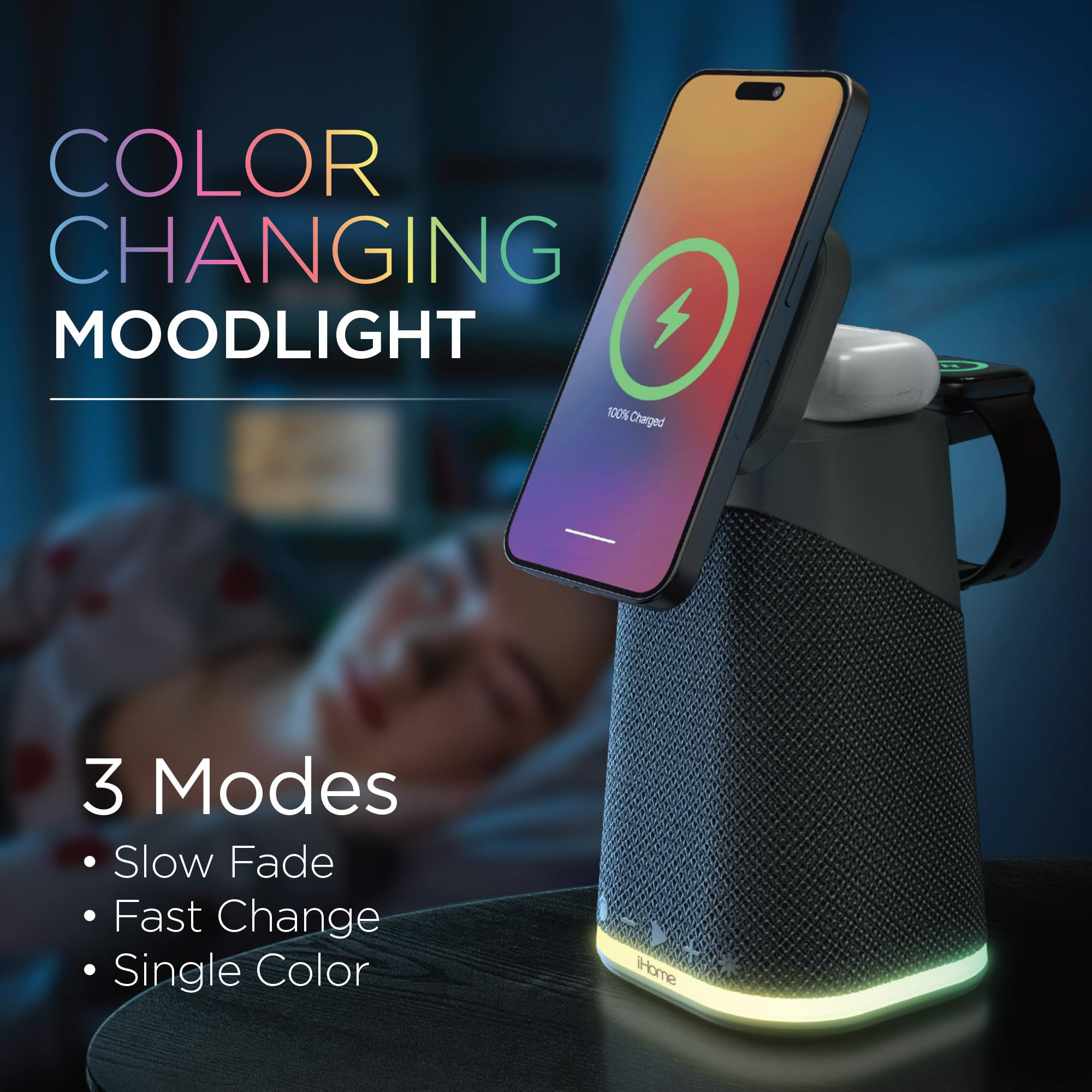 iHome Wireless Charger for iPhone, Apple Watch & AirPods | Bluetooth Speaker with Color Changing Night Light | Dark Grey (iPBT70DG) | Perfect for Bedside, Office & Travel Charging Station