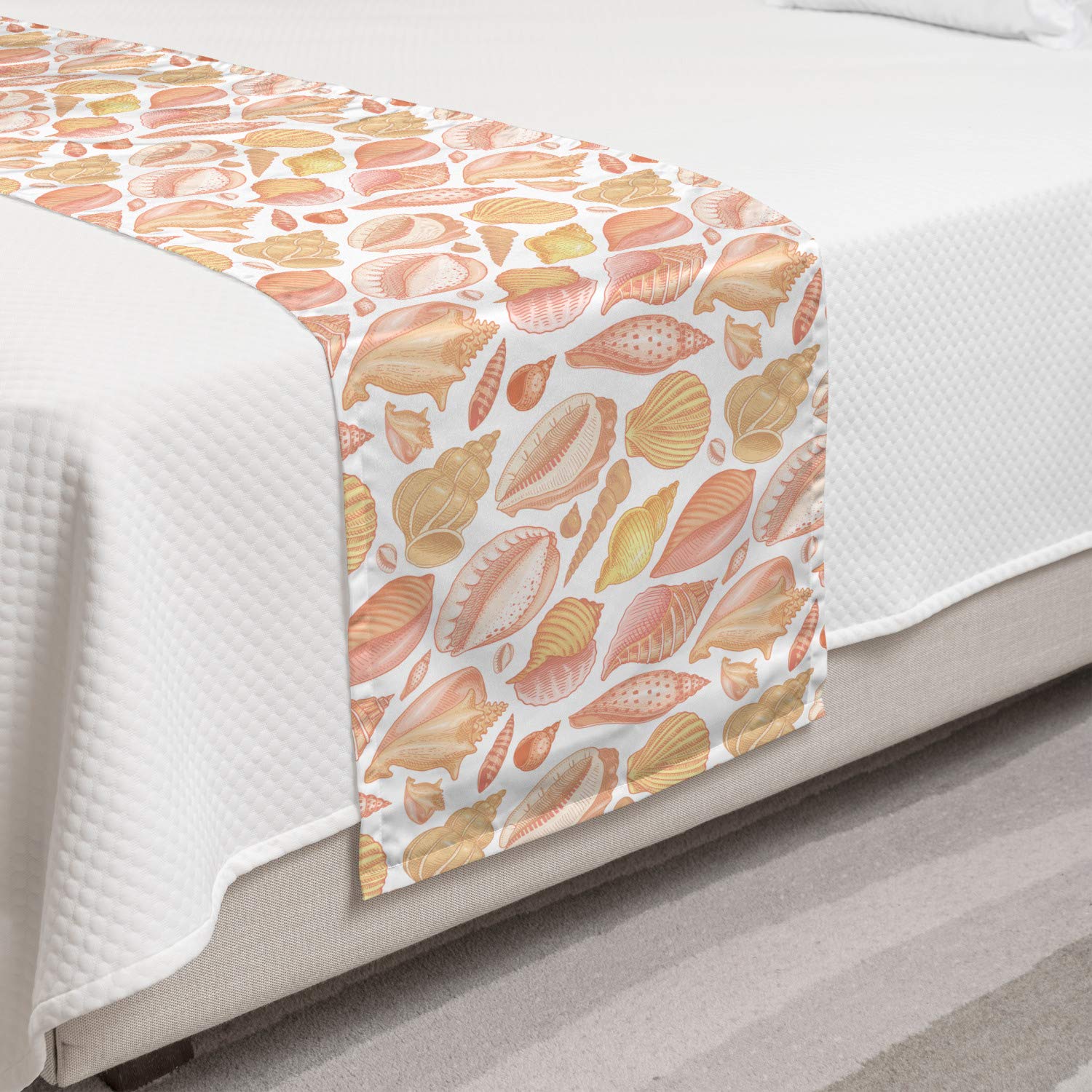 Ambesonne Shells Bed Runner - Sea Creatures & Mollusca Design with Coffee Bean Shell Accents | Decorative Bed Scarf for Hotels, Homes & Guest Rooms | Salmon Coral & Mustard Color | Perfect for Coastal, Beach House & Nautical Themed Bedrooms
