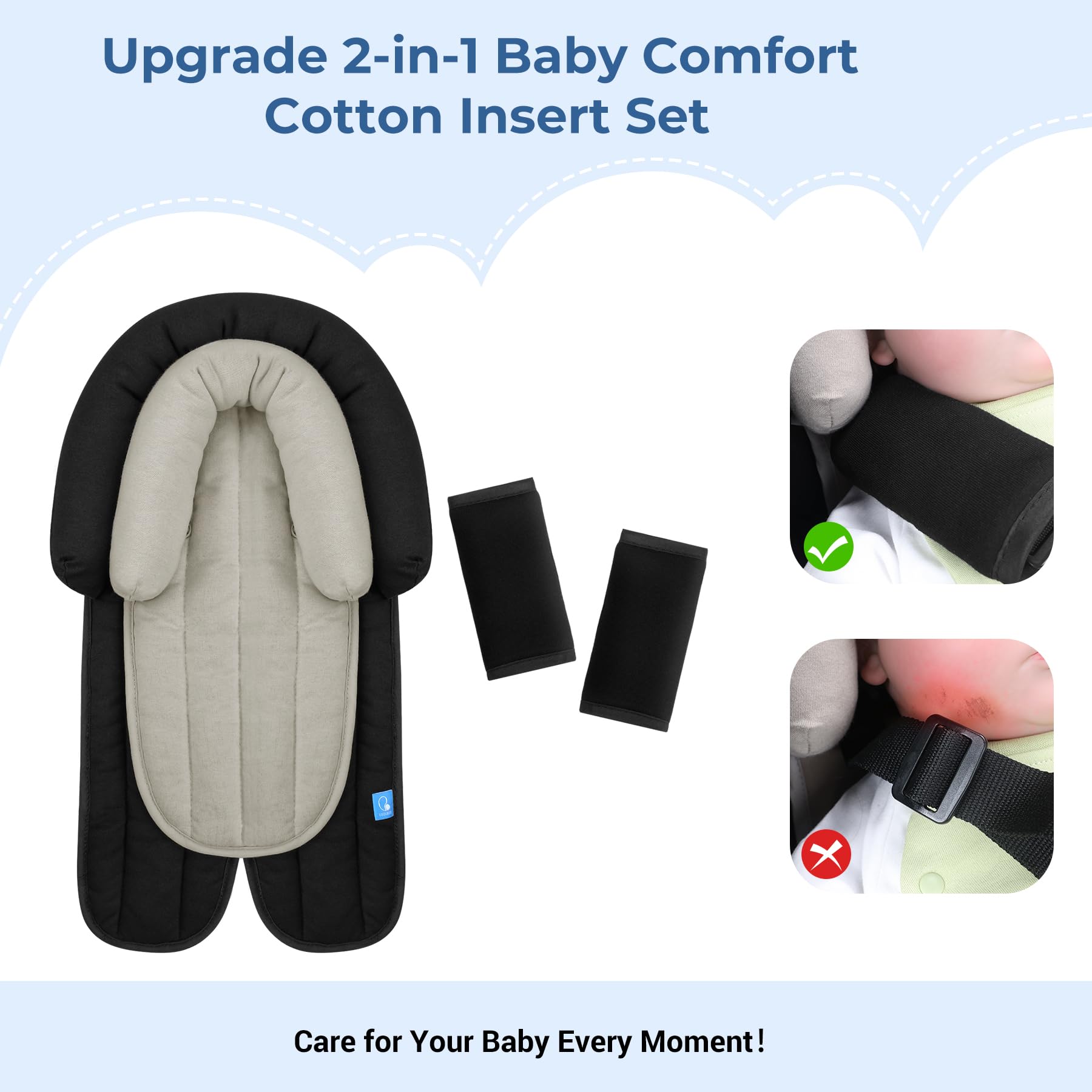 COOLBEBE Upgraded Baby Body Support & Strap Covers Set - Ultra Soft Breathable Car Seat Insert Cushion for Newborns & Toddlers | Perfect for Car Seats, Strollers, Swings & Baby Carriers | Black | Safe & Comfortable for Travel & Daily Use