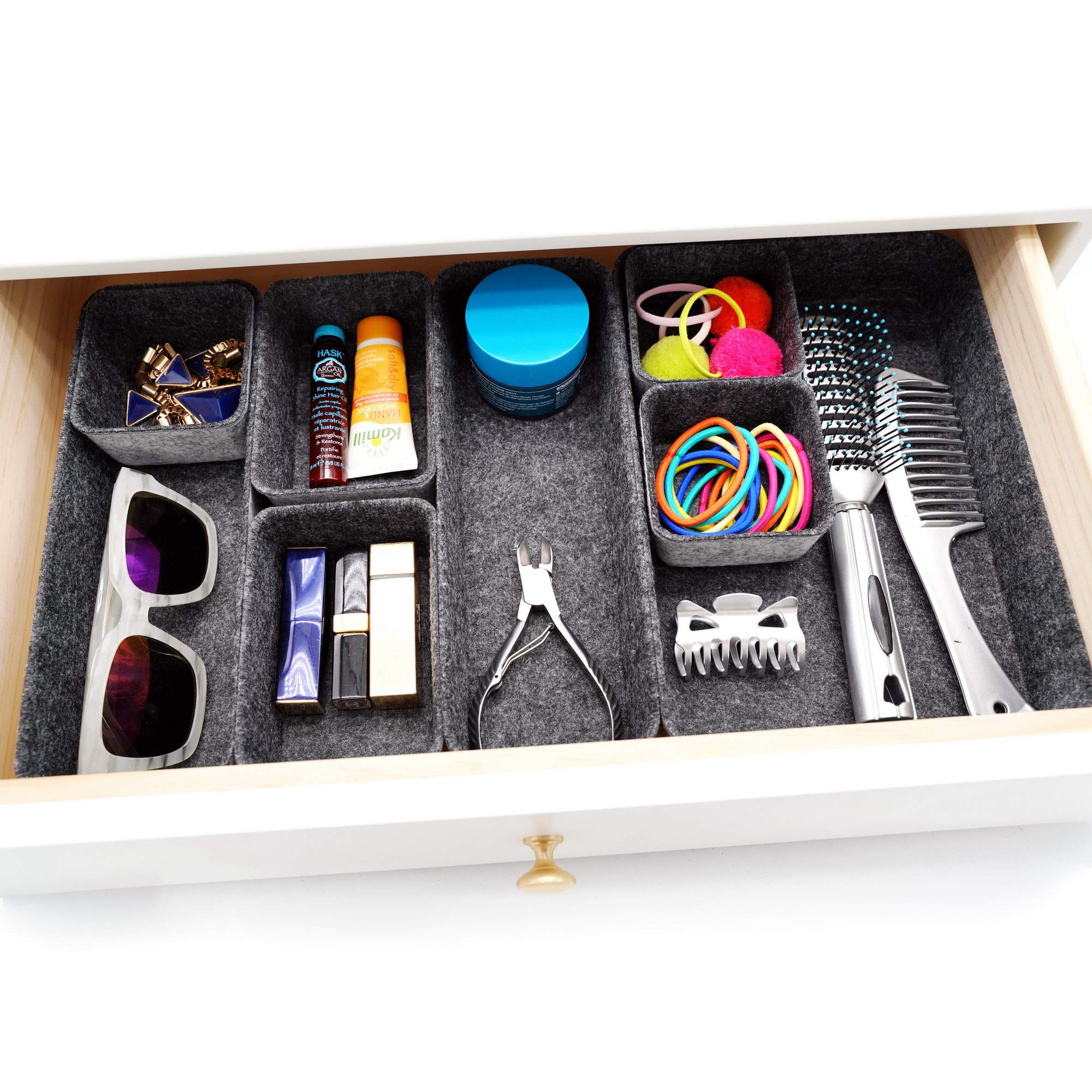 Welaxy 8-Piece Desk Drawer Organizer Tray - Shallow Felt Storage Bin for Office Supplies, Makeup, Pens, Keys & Crafts | Soft Yet Sturdy, Minimalist Design (Charcoal) | Perfect for Home Office, Vanity & Craft Room Organization