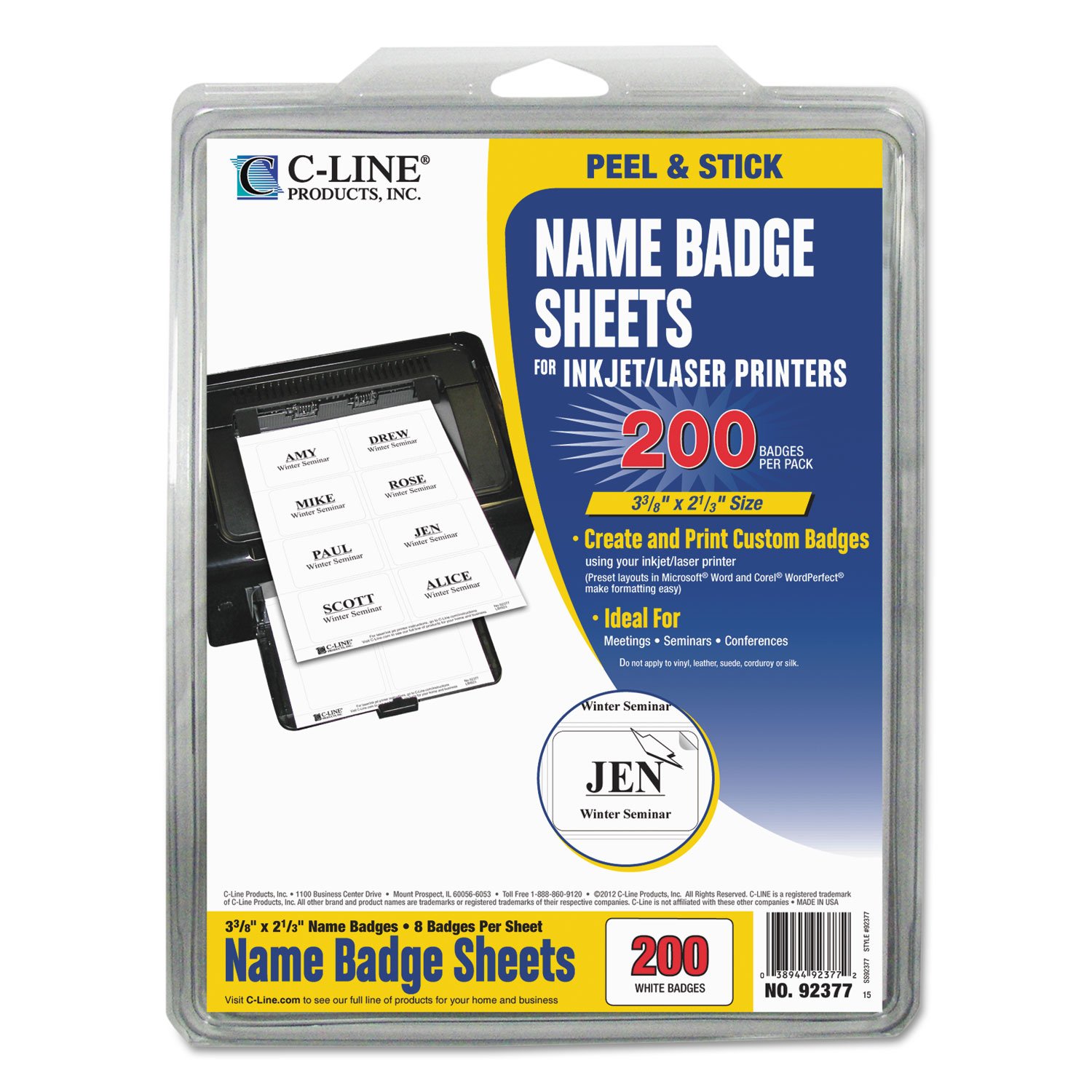 Laser Printer Name Badges - C-Line 92377 White ID Cards 3 3/8 x 2 1/3 Inches (200/Box) for Office, Conference & Event Staff Identification