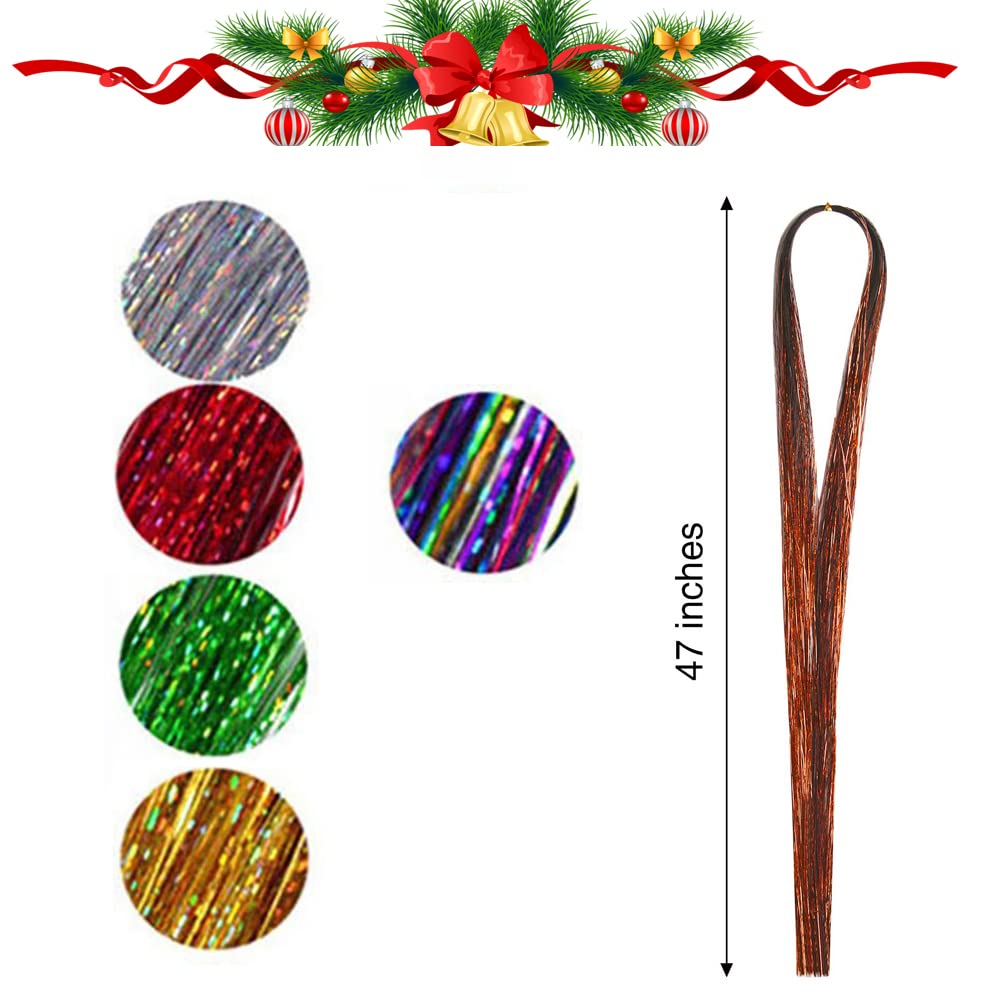Christmas Hair Tinsel Kit - Heat Resistant Glitter Hair Extensions with Beads & Tools (Red, Green, Silver, Gold) for Women, Girls & Kids - Perfect for Christmas Hair Accessories, Halloween Parties & Festive Celebrations