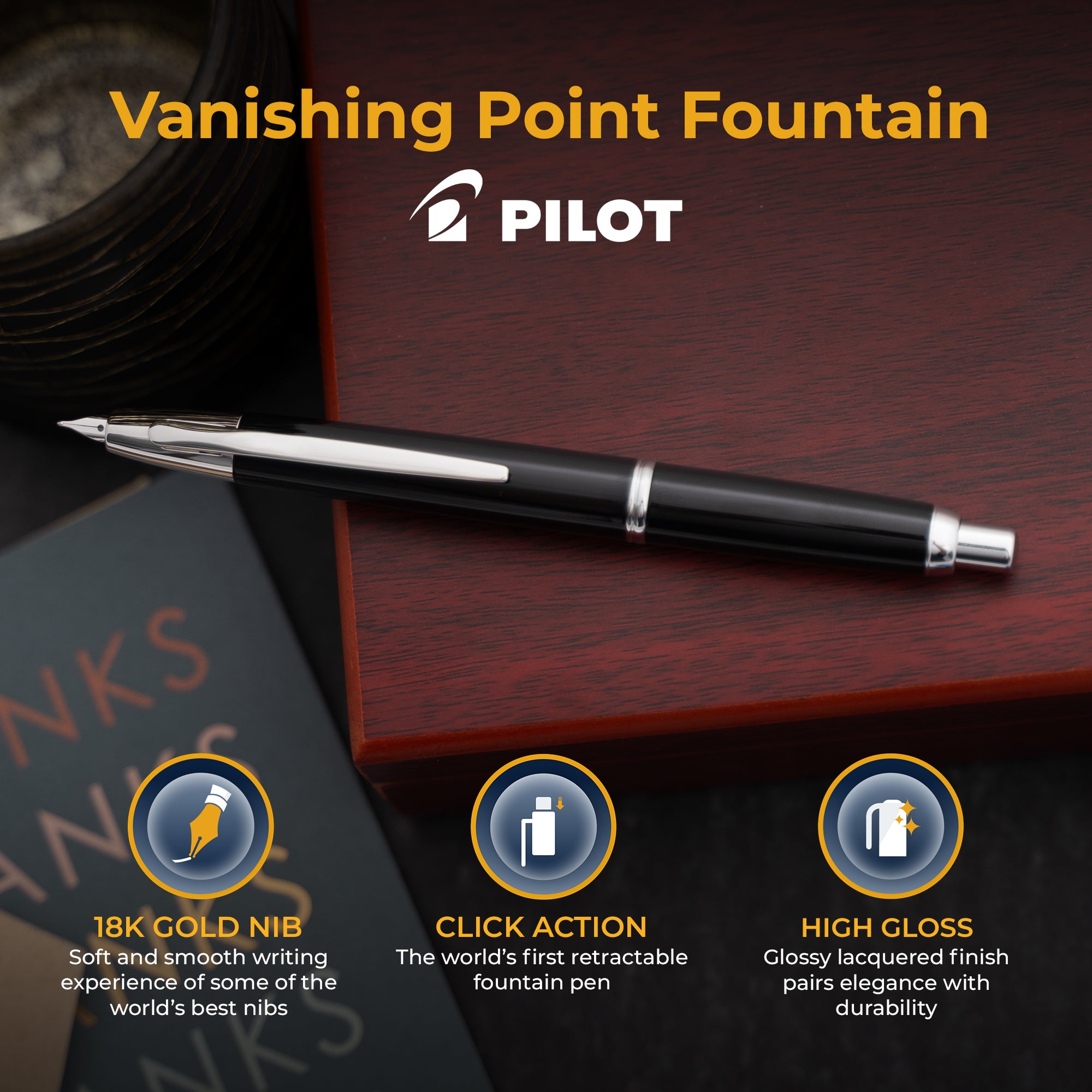 Premium Pilot Vanishing Point Fountain Pen - Black Lacquer & Rhodium Plated Trim - Perfect for Business Signatures, Journaling & Gift Giving
