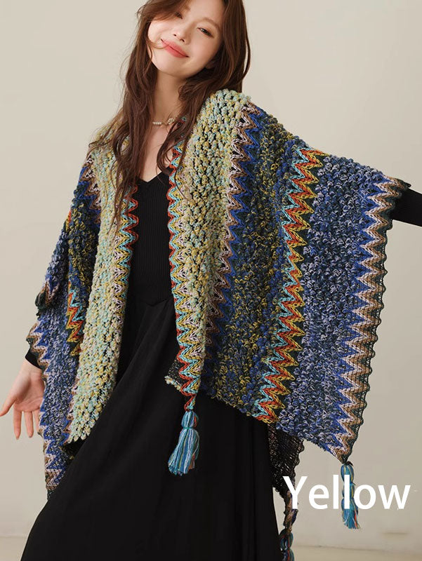 Stylish Color Block Knit Winter Wrap Shawl for Women - Cozy Fashion Scarf for Cold Weather & Holiday Outfits