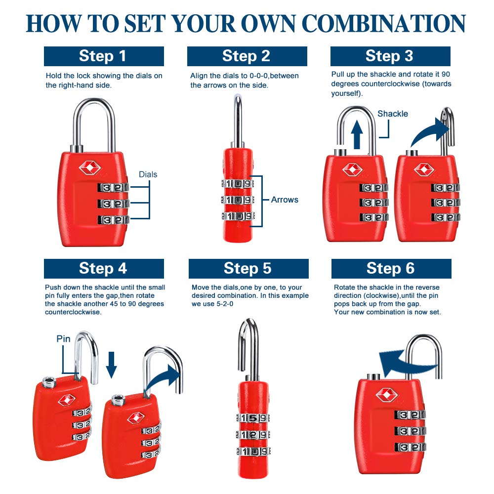 TSA Approved 4-Pack Combination Luggage Locks - 3 Digit Secure Travel Padlocks for Suitcases, Backpacks & Carry-On Bags (Red) - Ideal for Airports, Hotels & Cruise Travel Security