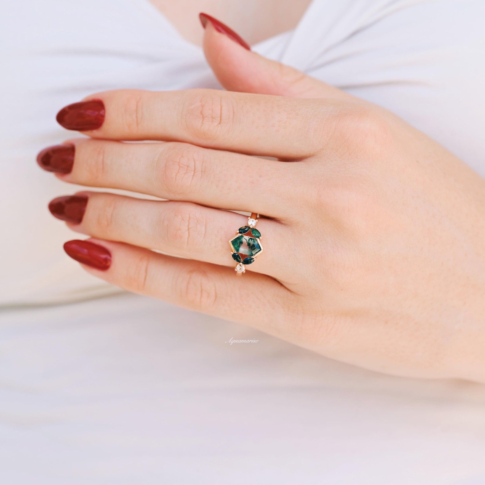 Hexagon Moss Agate Leaf Ring - 14K Rose Gold Vermeil Stackable Dainty Jewelry for Women, Perfect for Everyday Wear & Gift Giving