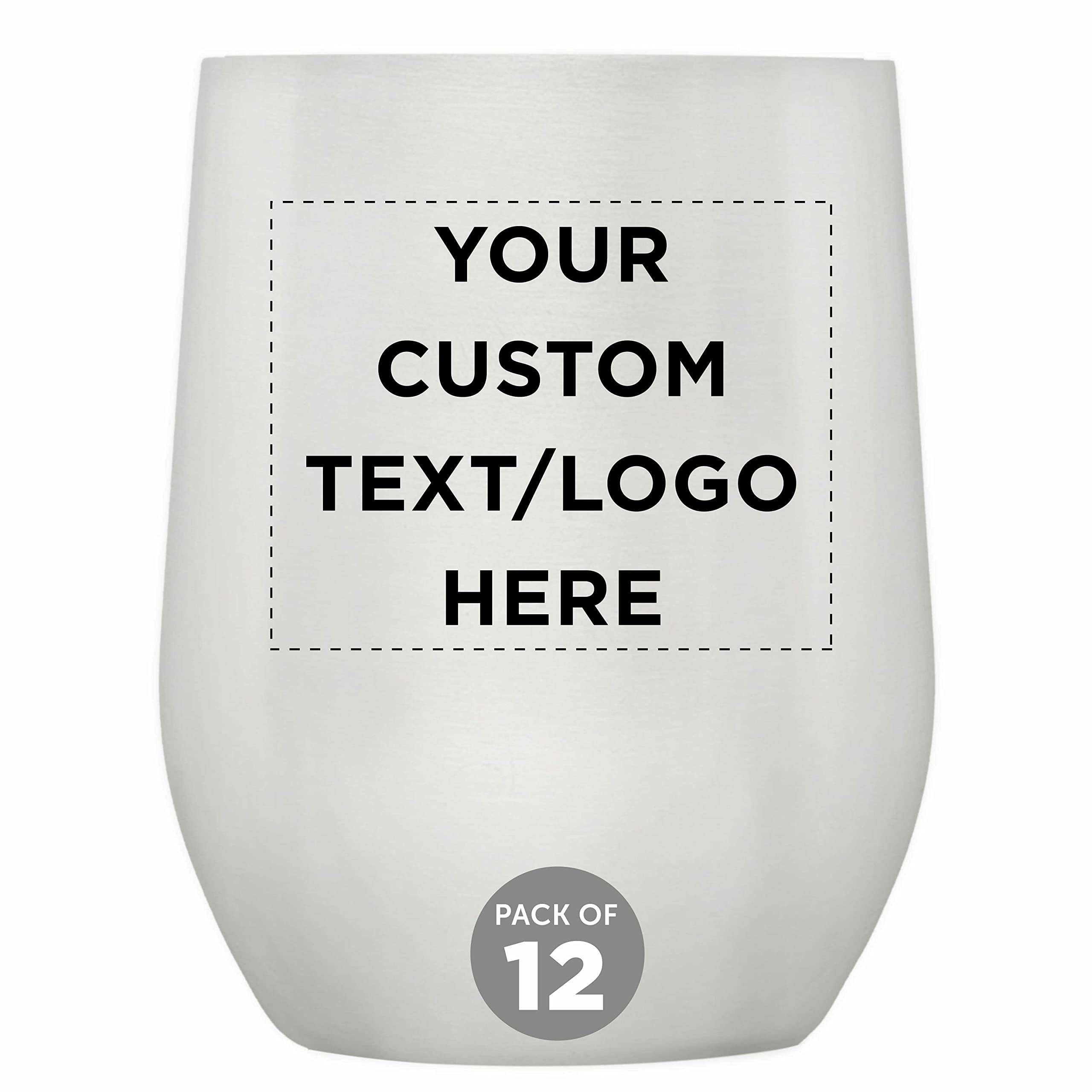 Personalized Stainless Steel Stemless Wine Glasses Set of 12 (11 oz) - Custom Engraved Bulk Pack for Wine, Cocktails, Beer & Beverages - Dishwasher Safe Silver Cups - Perfect for Parties, Weddings, Gifts & Home Bar Use