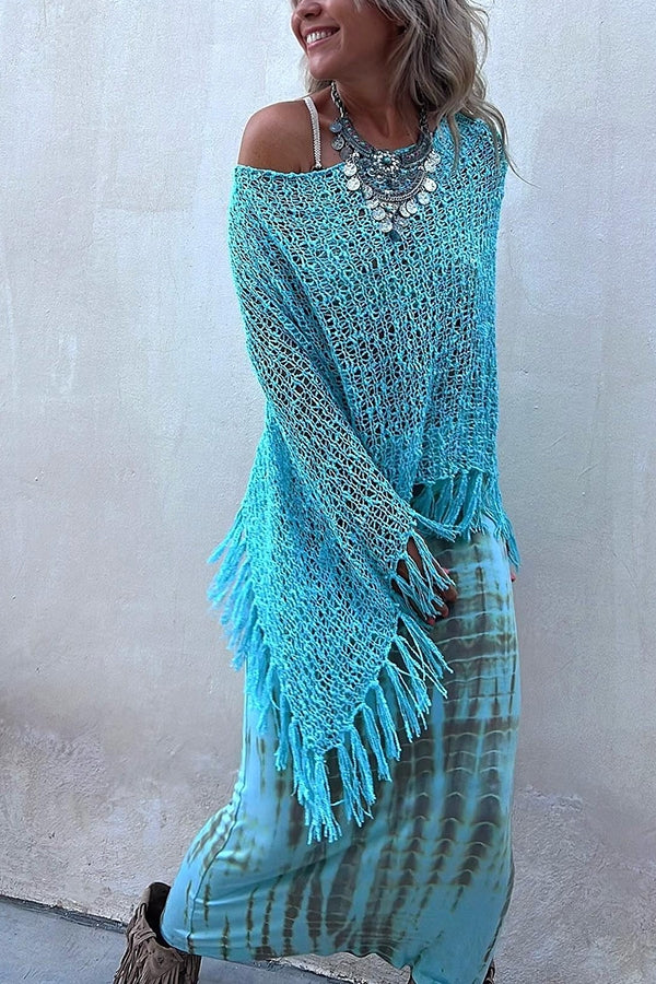 Stylish Sunset Breeze Hollow Out Tassel Knit Cover Up Top - Beachwear, Poolside, Summer Vacation Outfit