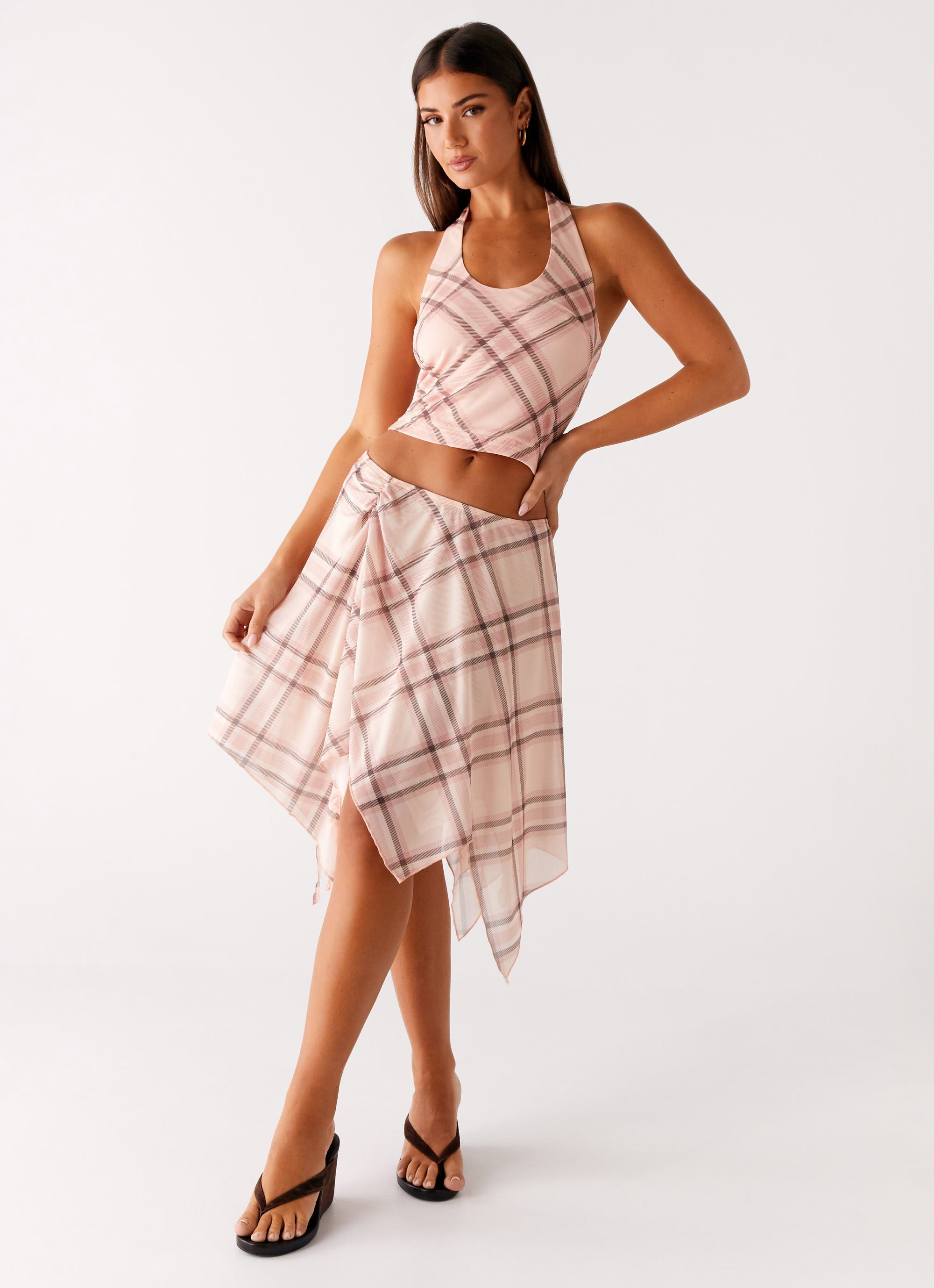 Stylish Fit Check Midi Skirt in Pink Check Print - Perfect for Office Wear, Casual Outings & Spring Fashion