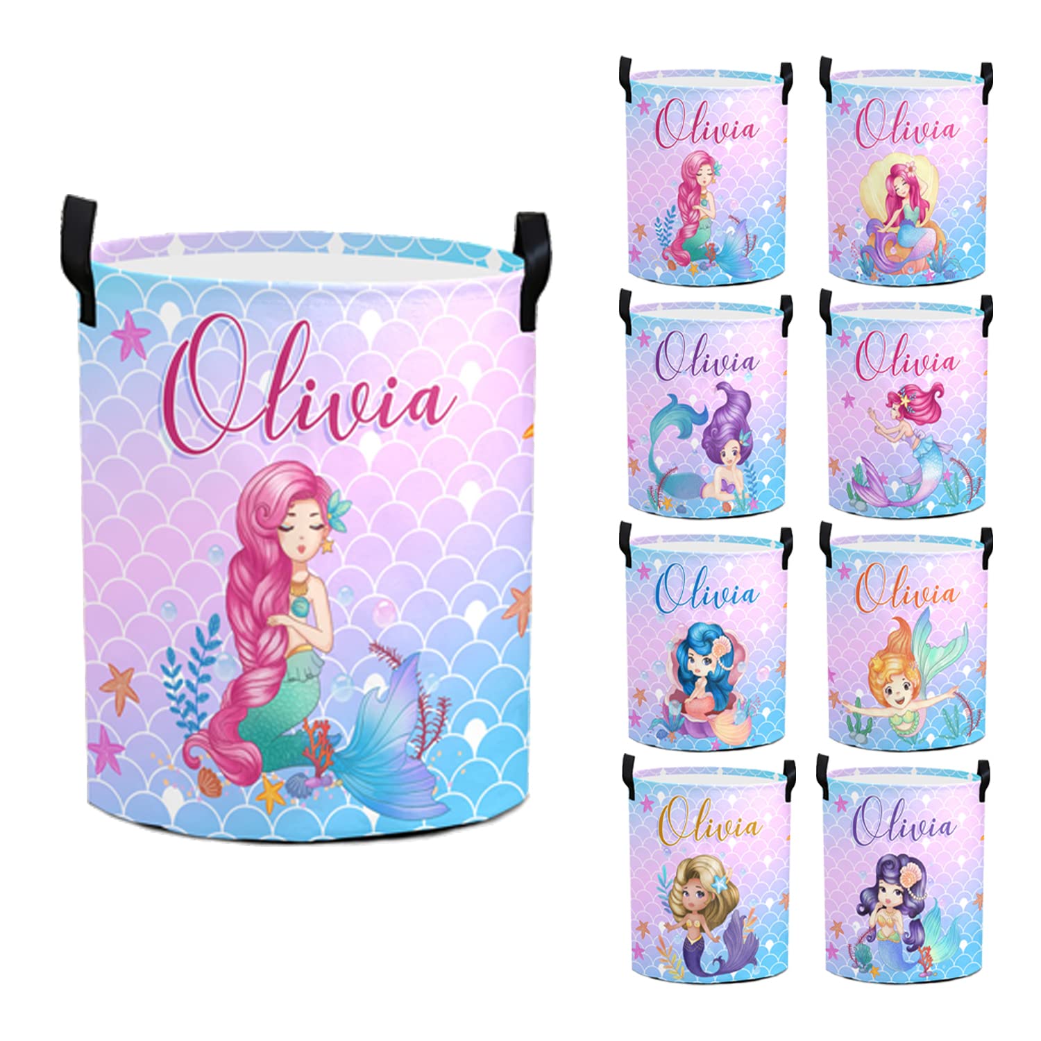 Personalized Mermaid Laundry Basket for Girls - Custom Name Kids Laundry Hamper with Handles - Perfect for Nursery, Bedroom & Bathroom Organization (Style 04)