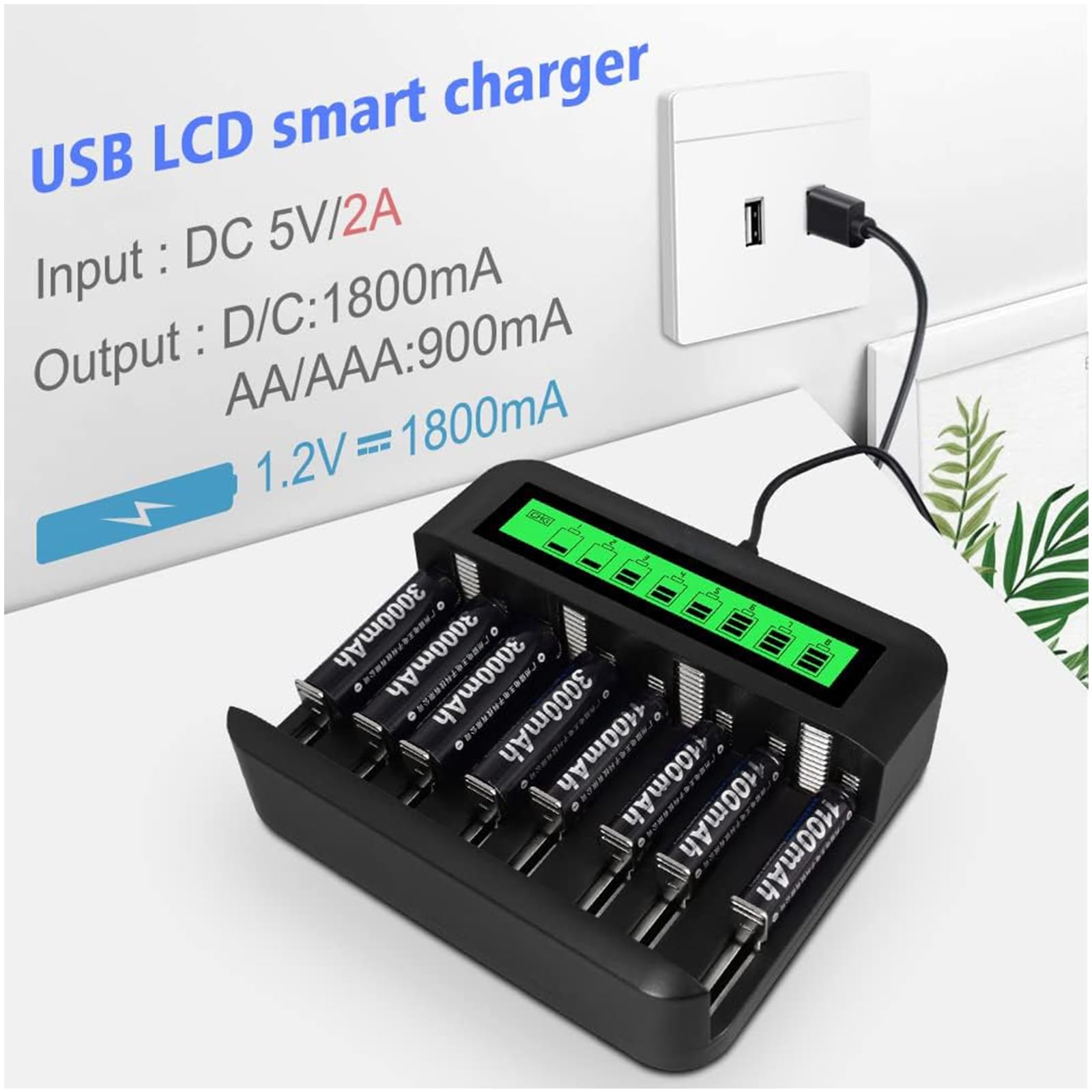 Rechargeable C Batteries 4 Pack 5000mAh with 8 Bay LCD Battery Charger for Ni-MH AA AAA C D - Long Lasting Power for Flashlights, Toys, Remote Controls & Electronics
