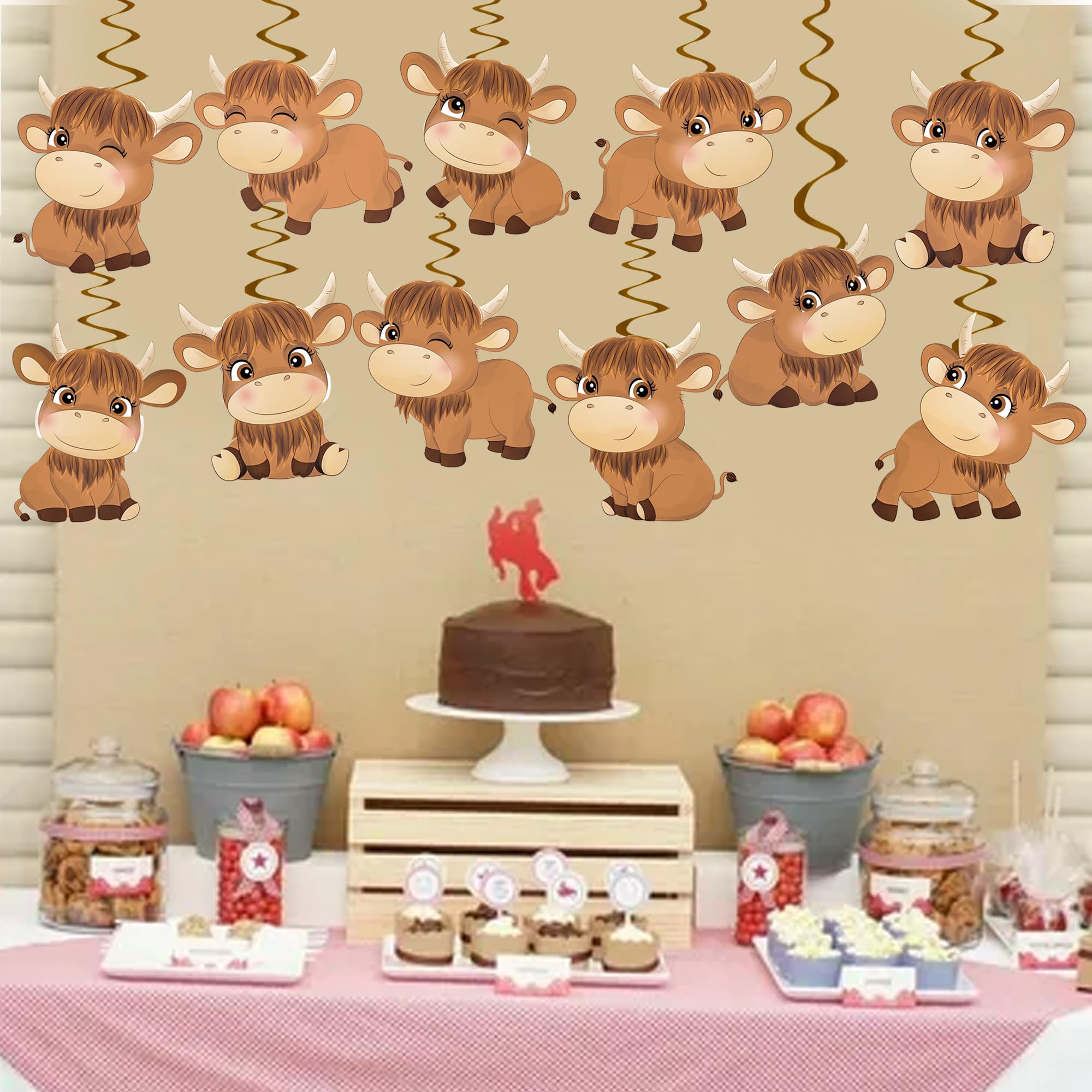 15pcs Highland Cow Hanging Swirl Decorations - Brown Cow Print Party Supplies for Western Theme Birthday, Baby Shower & Kids Events | Perfect for Farm Animal, Rustic & Country Style Celebrations