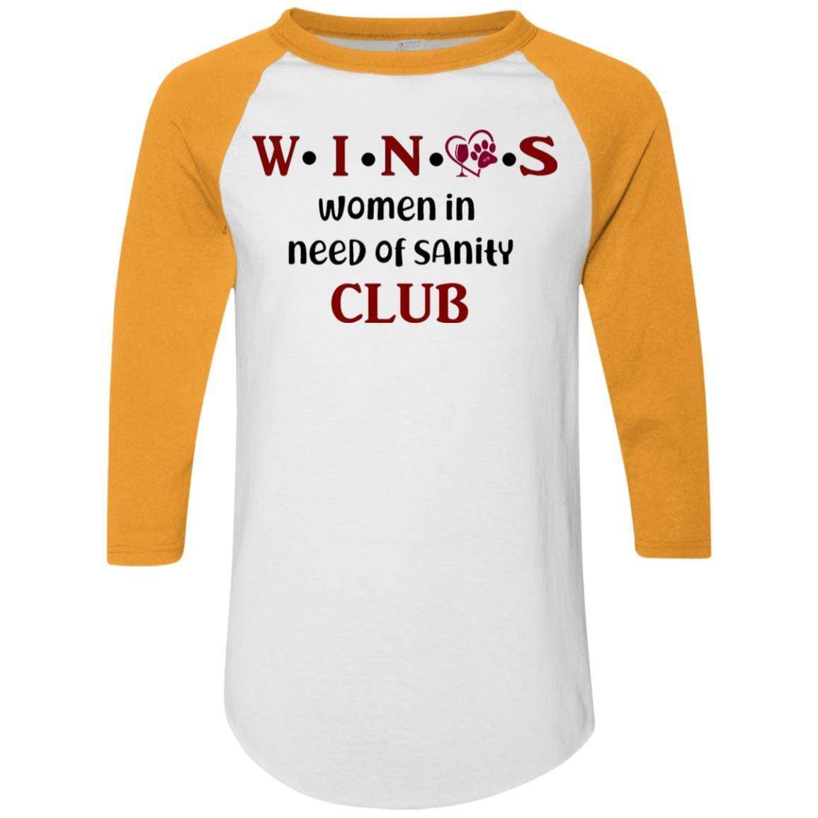 WineyBitches.Co WINOS Club Colorblock Raglan Jersey with Burgundy Lettering - Perfect for Wine Tasting Parties, Girls' Night Out & Casual Wear