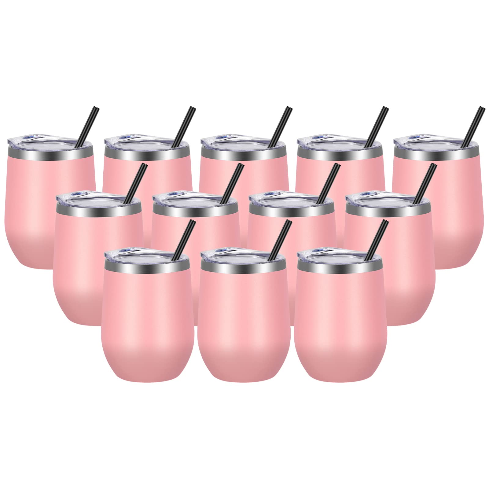 VEGOND 12-Pack Stainless Steel Stemless Wine Tumblers, 12oz Double Wall Vacuum Insulated Cups with Lids & Straws - Keeps Drinks Hot/Cold - Perfect for Wine, Coffee, Cocktails, Iced Tea at Home, Office, or Outdoor Parties