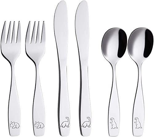 ANNOVA Kids Flatware 6-Piece Set - Stainless Steel Toddler Utensils with Dinosaur Engravings (T-Rex, Triceratops, Diplodocus) - Includes 2 Forks, 2 Table Knives & 2 Spoons - Perfect for Home, School Lunch & Travel Meals